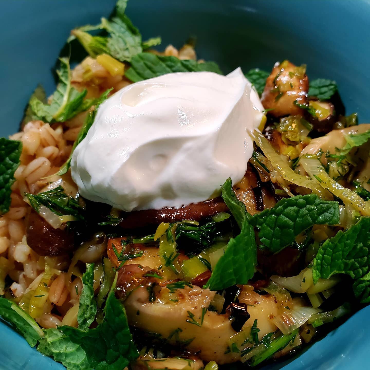 A sorta risotto

Get your fiber! Barley (high in beta glucan) cooked in fresh vegetable stock and garlic chives, paired with seared mushrooms and leeks marinated in olive oil, meyer lemon, and dill. 

Mix it with sour-cream, vegan or not, and it's so