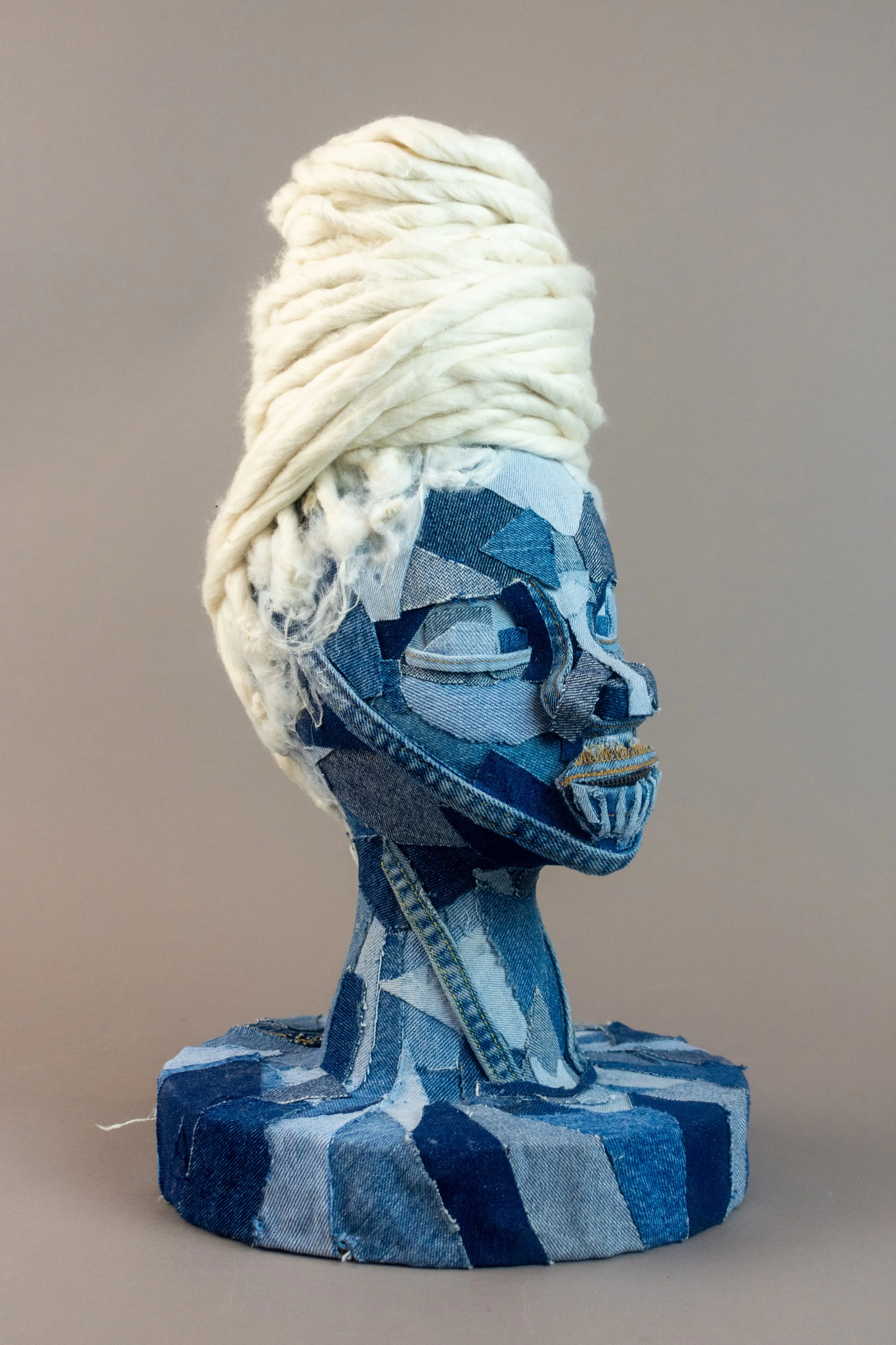 3 Gens 2021 (Figure One) Second hand denim, Raw cotton, Foam, Wood 