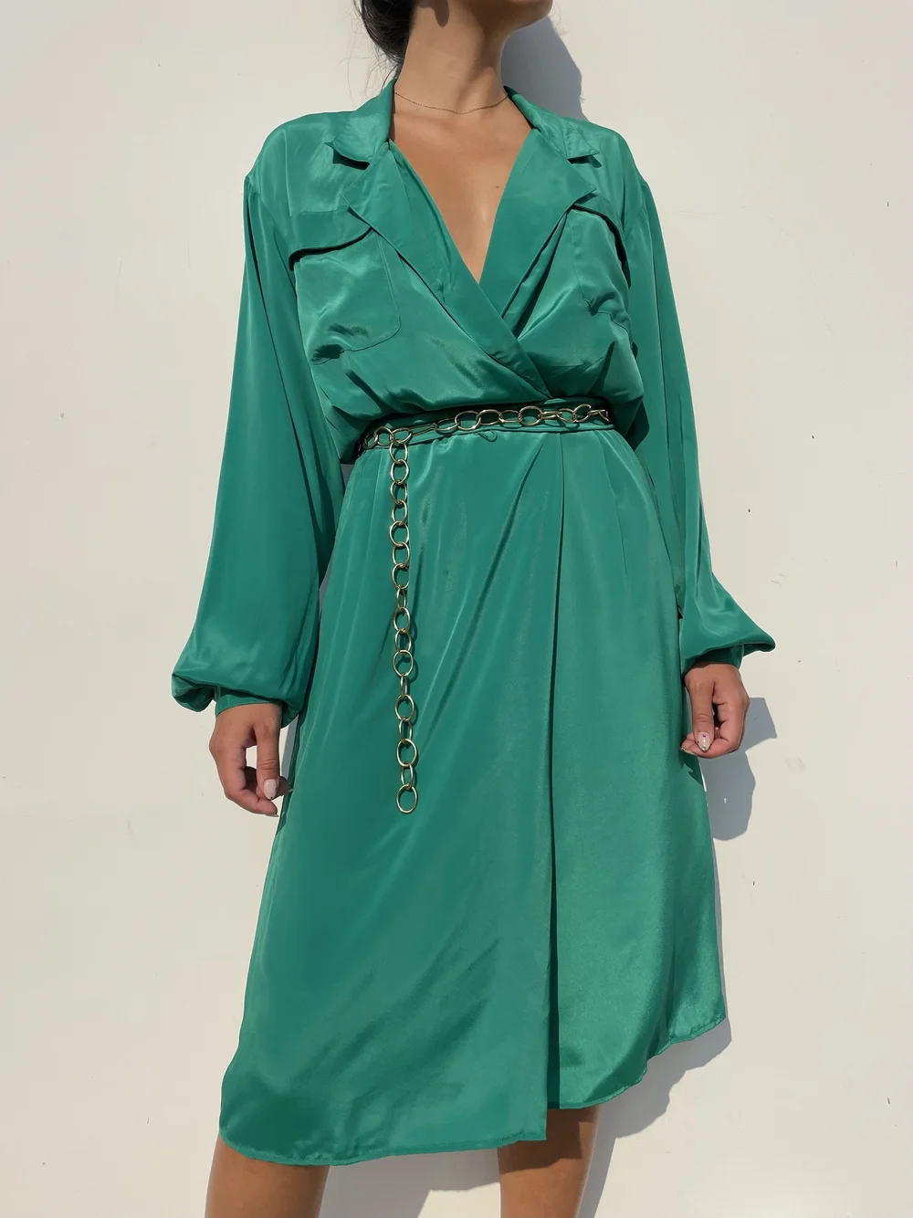 70s/80s Kelly Green Slinky Shirt Dress  TROU VINTAGE