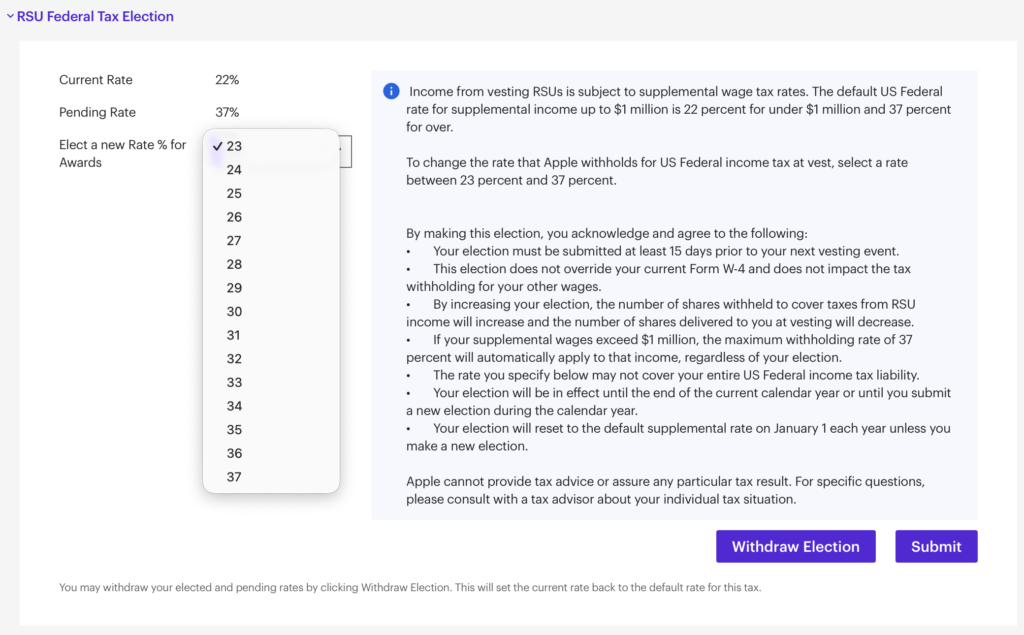 Federal Withholding Rate Choices on Apple RSUs