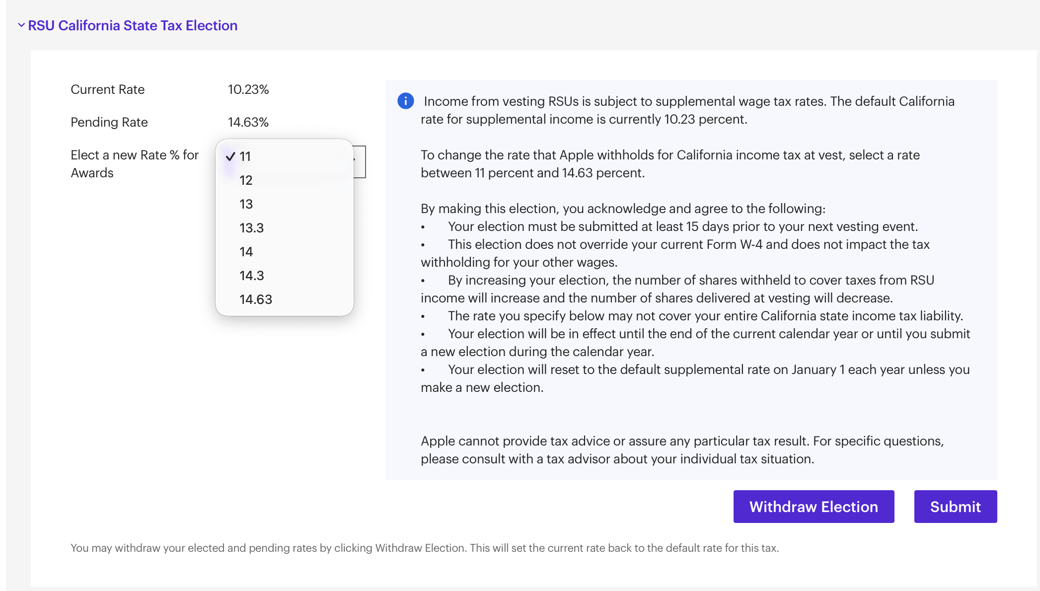 California Withholding Rate Choices on Apple RSUs