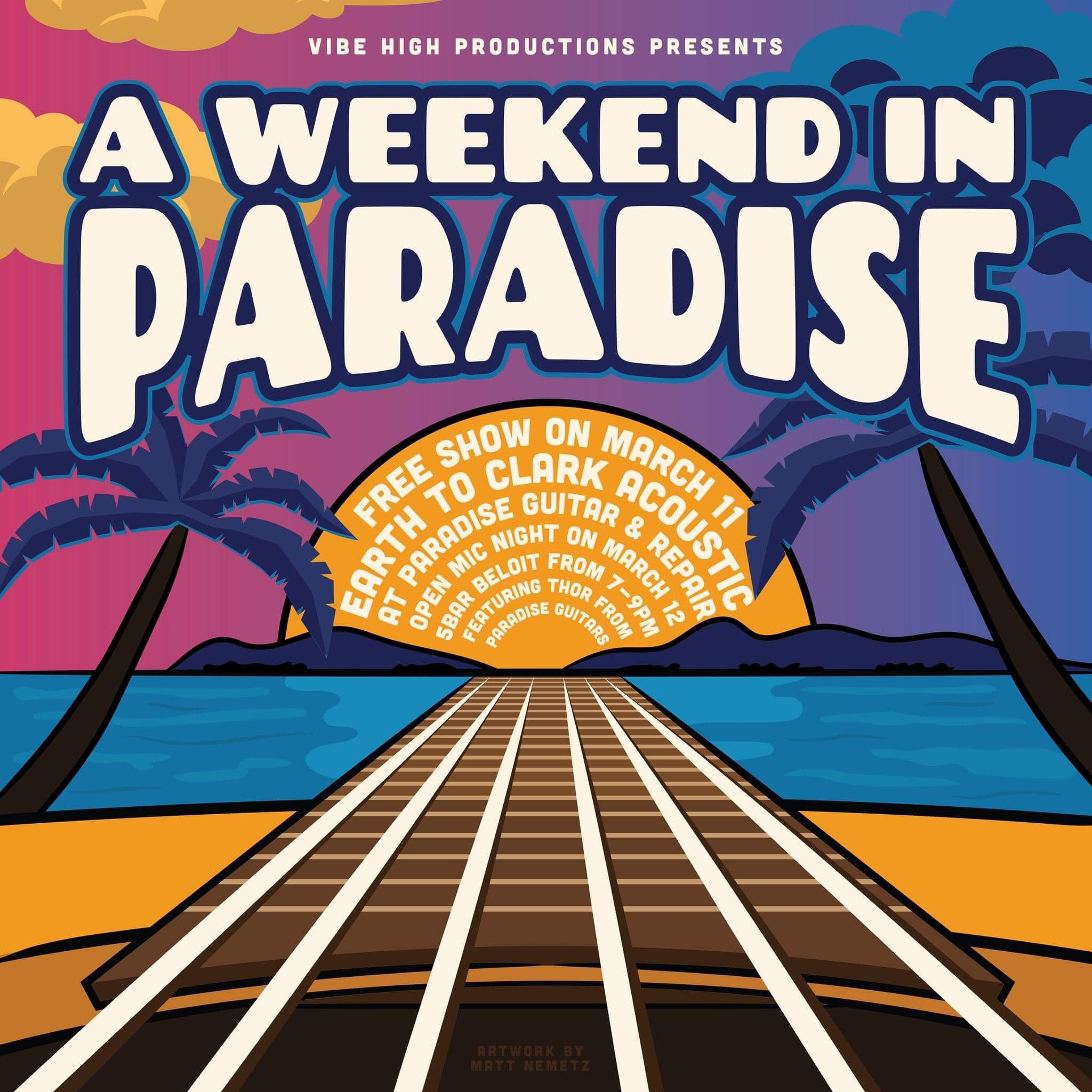 We are one week away from &ldquo;A Weekend in Paradise!&rdquo; ￼ next Saturday, we will be doing an acoustic set at Paradise Guitar &amp; Repair! ￼ we will have snacks and drinks available for free. Show starts at 3pm. See you there! 🎸🤟🏼🏝️