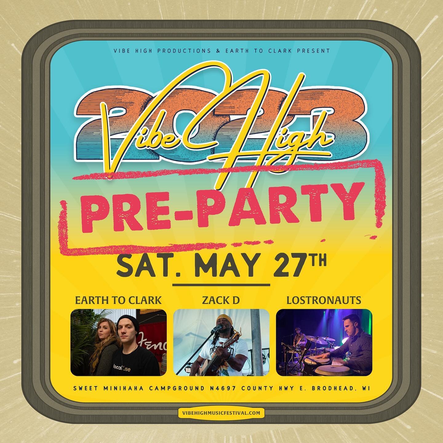 We are doing a Vibe High Music Festival pre-party on May 27th at Sweet Minihaha Campground with @earthtoclark, @zackdmusic1 and Lostronauts!! 🎸☮️🐿️🐢

Physical tickets for Vibe High Music Fest 2023 will be available at the show for a discounted pri