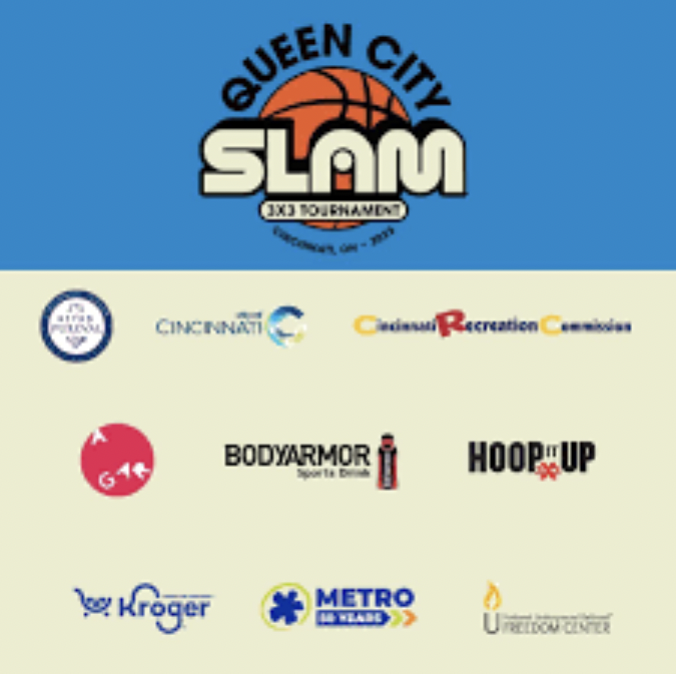 Event banner for Queen City Slam 3x3 basketball tournament in Cincinnati, Ohio, September 2021, with logos of sponsors including Kroger, Cincinnati, Cincinnati Recreation Center, Bodyarmor, Hoop It Up, Metro, and United Healthcare.