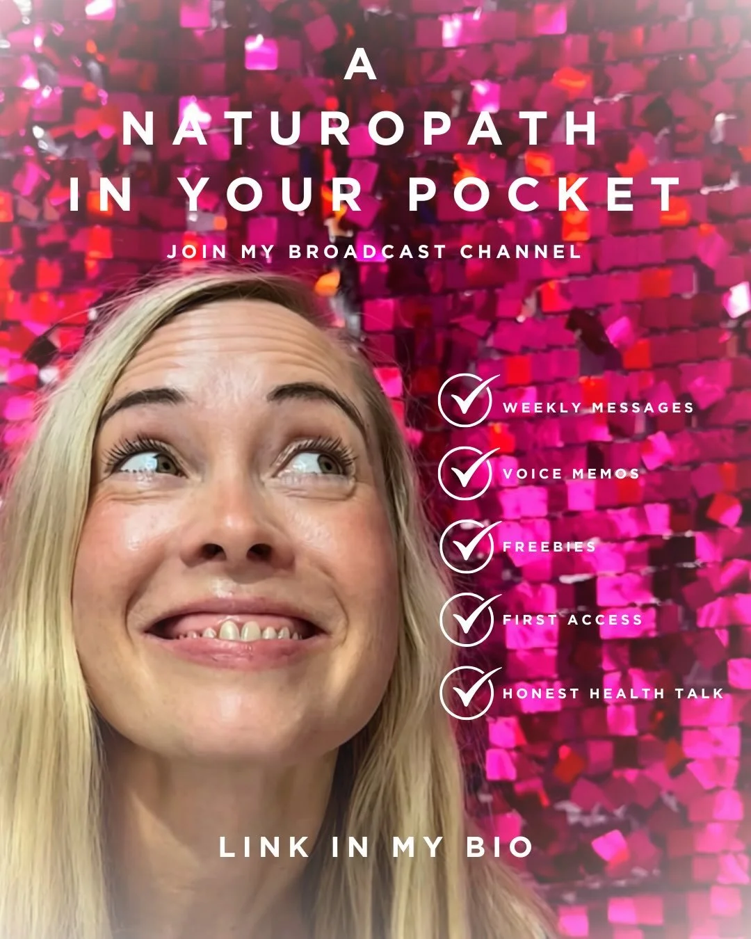The time has come..... I&rsquo;m creating a broadcast channel.

I&rsquo;m calling it A Naturopath In Your Pocket because I want to be able to jump into your DMs (not really your pocket, but pocket is cuter than DMs) and share helpful voice messages, 