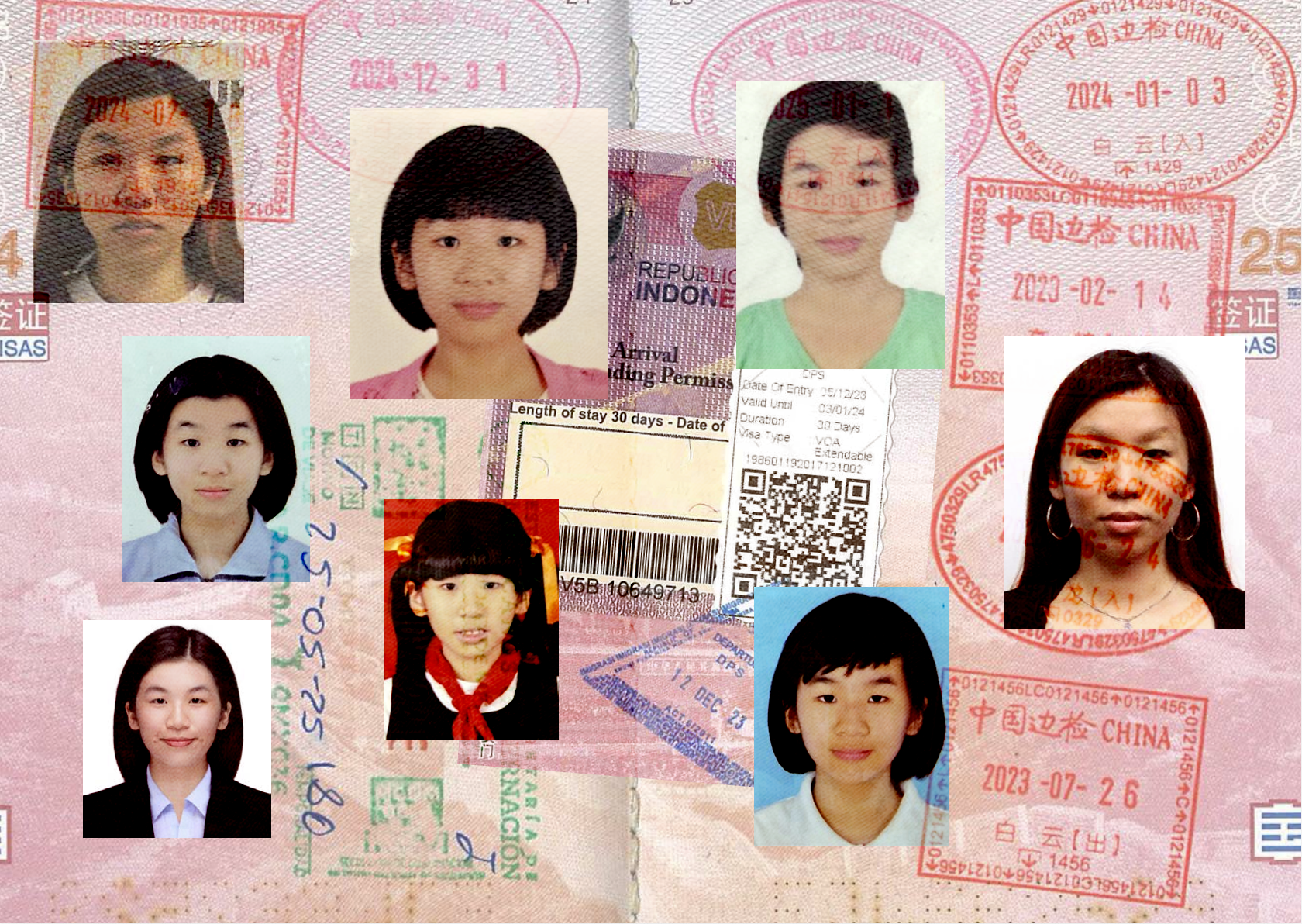 Gin Zhang, All the Eyes I've Had to Meet, 2025. Digital collage of many ID photos documenting a person at various stages of her life, overlayed with stamps and receipts .