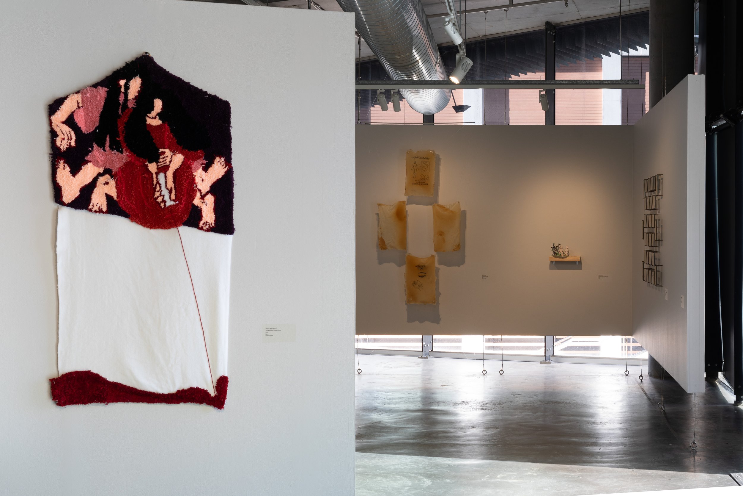 Left to right: Jingru Mai (Moira),  The Monster in the House , 2025. Bonnie Huang, lost and found crucifix, 2024. Lauren Maccoll, Adam and Steve / The Apple Theory, 2025. Estelle Yoon,  누구의 기억 (Second Exposure) , 2025. Photography by Jessica Maurer.