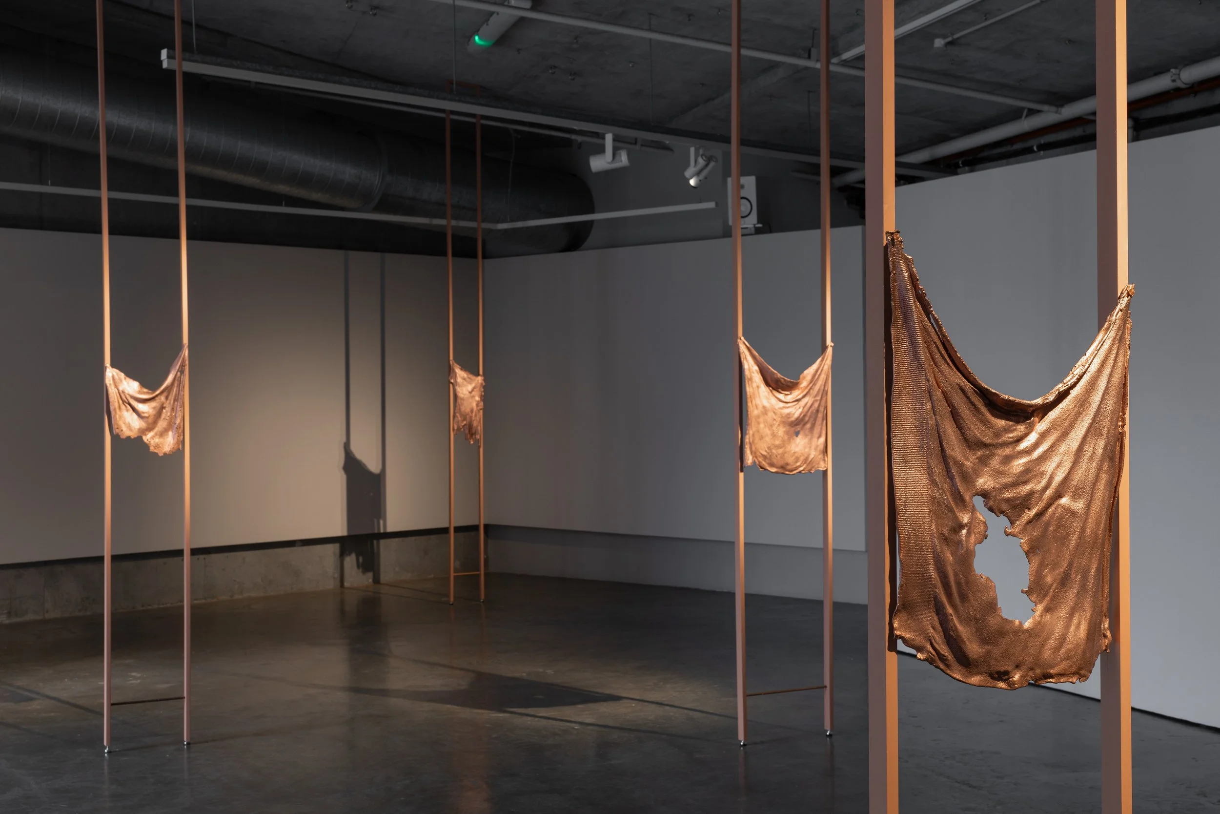 Todd Robinson, Materialnonmaterial (installation view), 2026. 4 copper sculptures cast from fabric, on wooden poles in the gallery.