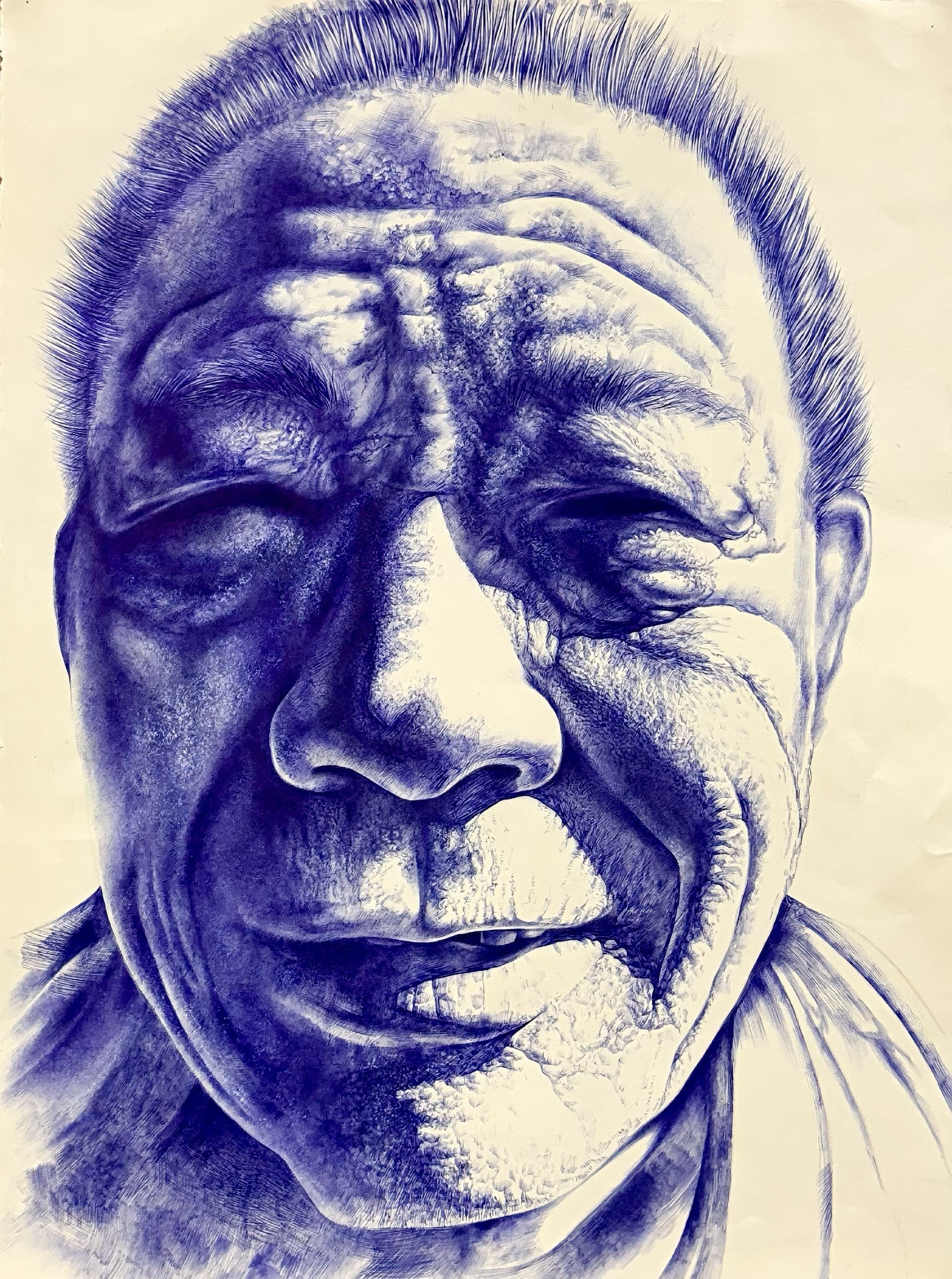 Sophia Zhao, Blue Homage (qīng chū yú lán), 2025. Portrait in dark blue of a man, emphasising skin texture, wrinkles and details.