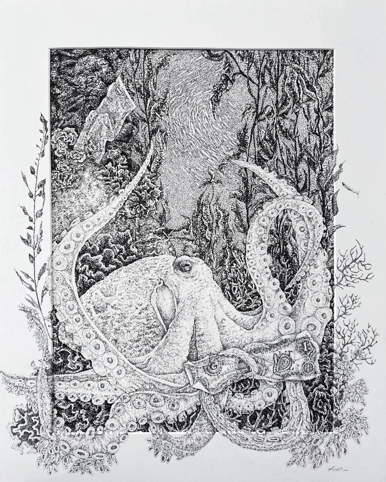 Izabelle Valencia, Tender, 2026. Black ink pen illustration of an octopus in a seascape, holding dollar bills. Small details and textures are achieved with stippling,