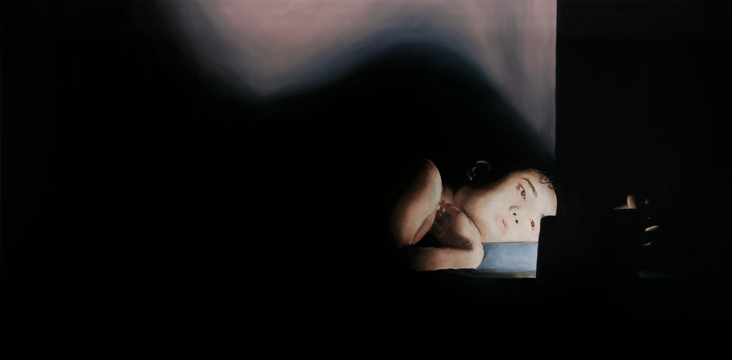 Ding Gao, The benefit of rest, 2026. Oil painting of a figure lying sideways in bed, staring at a screen. The lighting emphasises the figure's blank expression, isolated in a dark room.