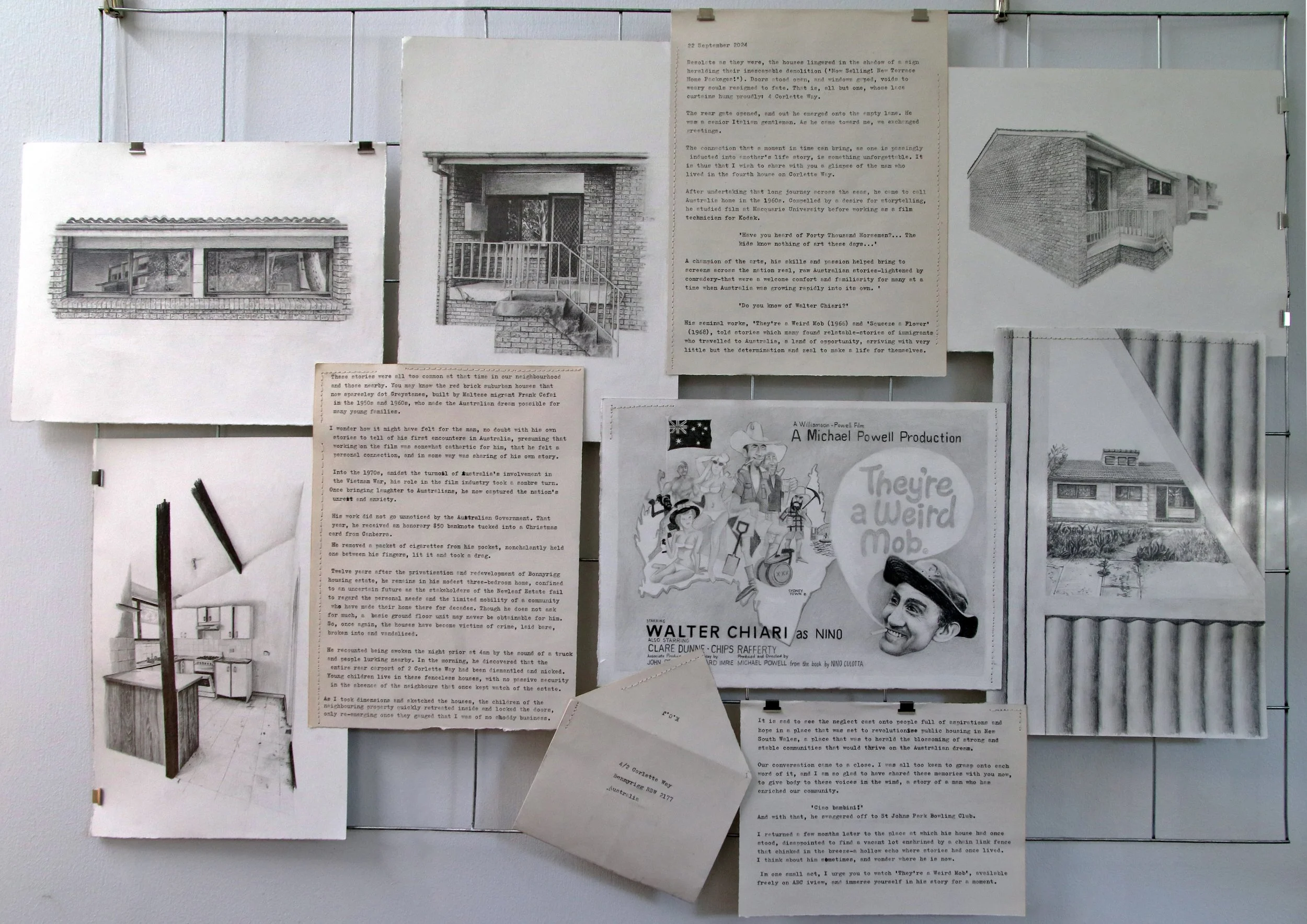 Katrina Jelavic, Fading Facades, 2025. Collage of papers on a wire mesh, including graphite sketches of house interiors and exteriors, typed letters and an envelope.