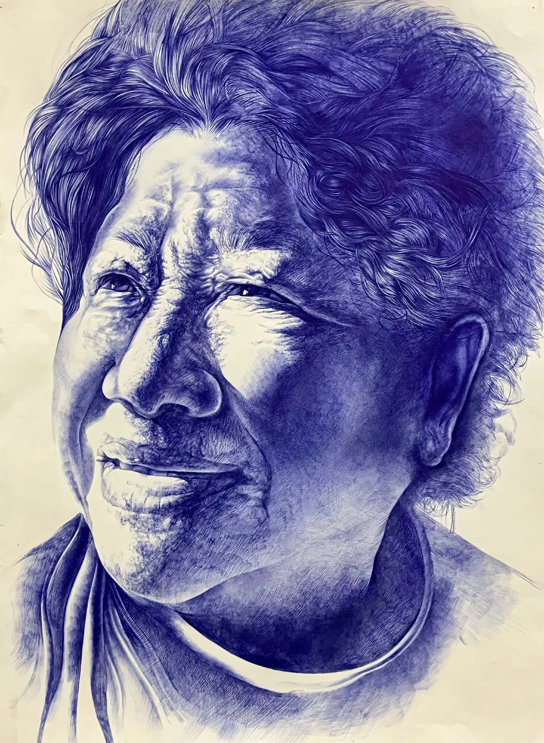 Sophia Zhao, Blue Homage (qīng chū yú lán), 2025. Portrait in dark blue of a woman, emphasising skin texture, wrinkles and details.