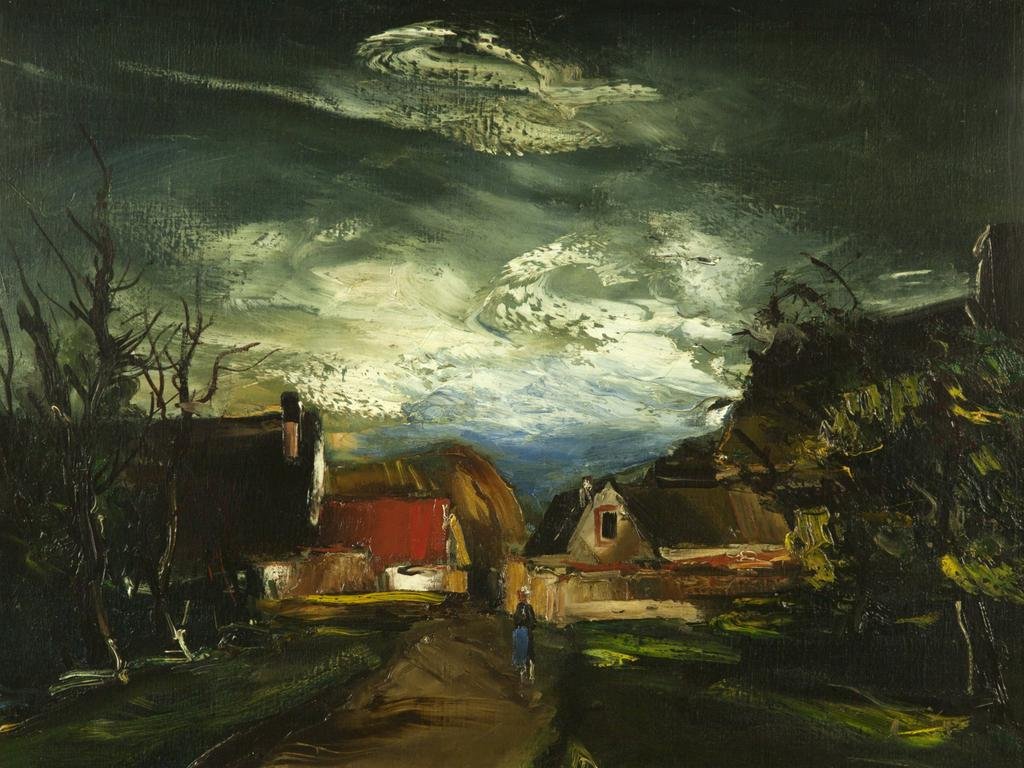 Image: Paysage (After the Storm) by Maurice de Vlaminck, 1939. Oil painting of town with dark cloudy skies, small homestead buildings and dead trees.