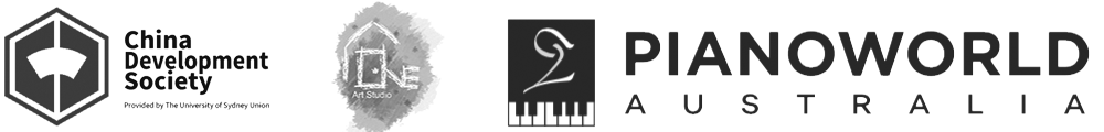 Logos for China Development Society, One Art Studio and Piano World Australia.