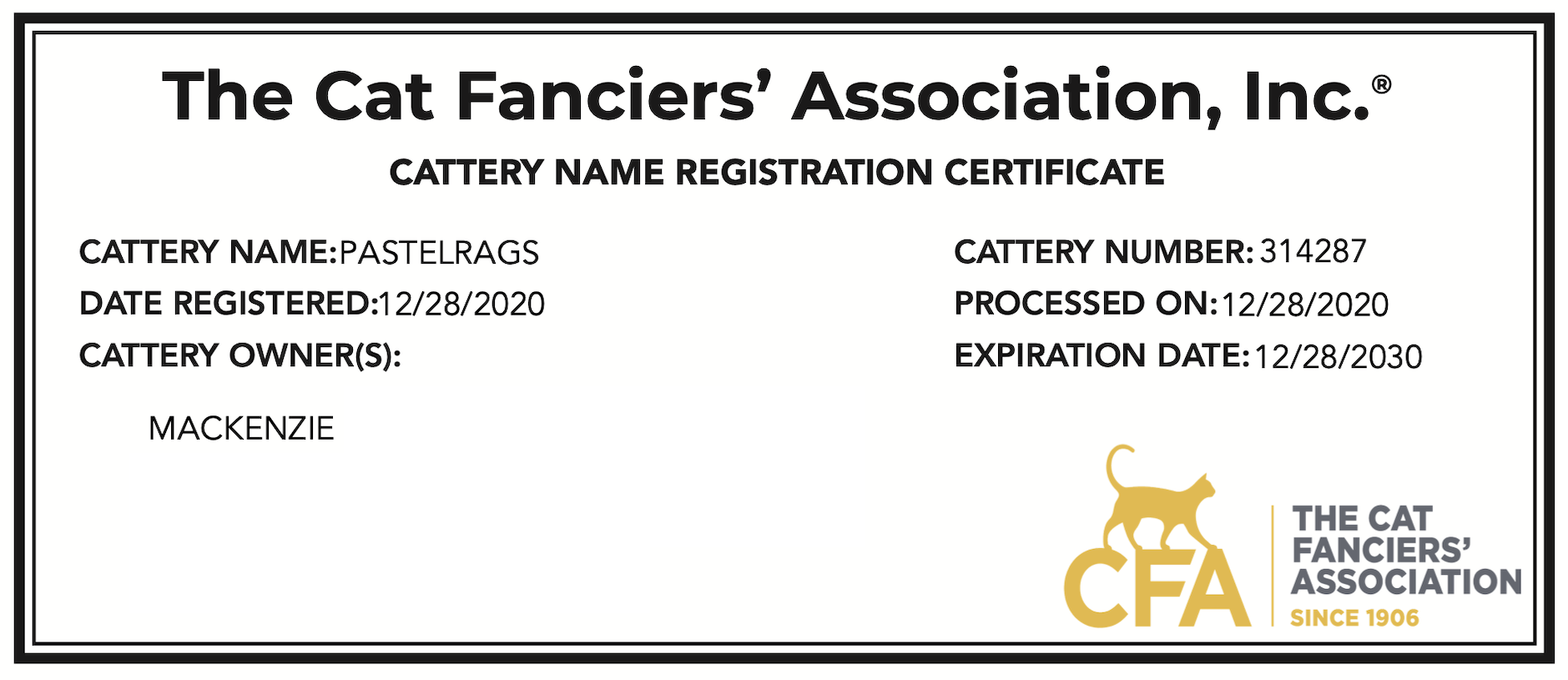 Ragdoll cattery certificate for The Cat Fanciers' Association