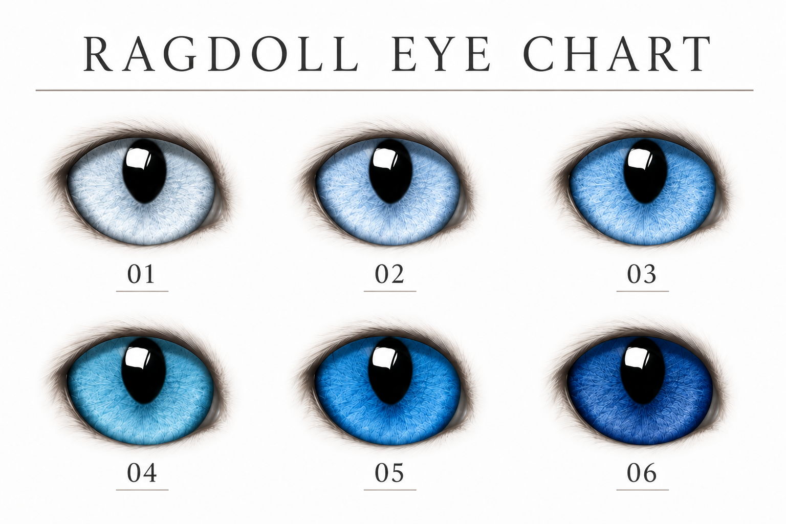 Ragdoll cat eye color chart showing six shades of blue eyes