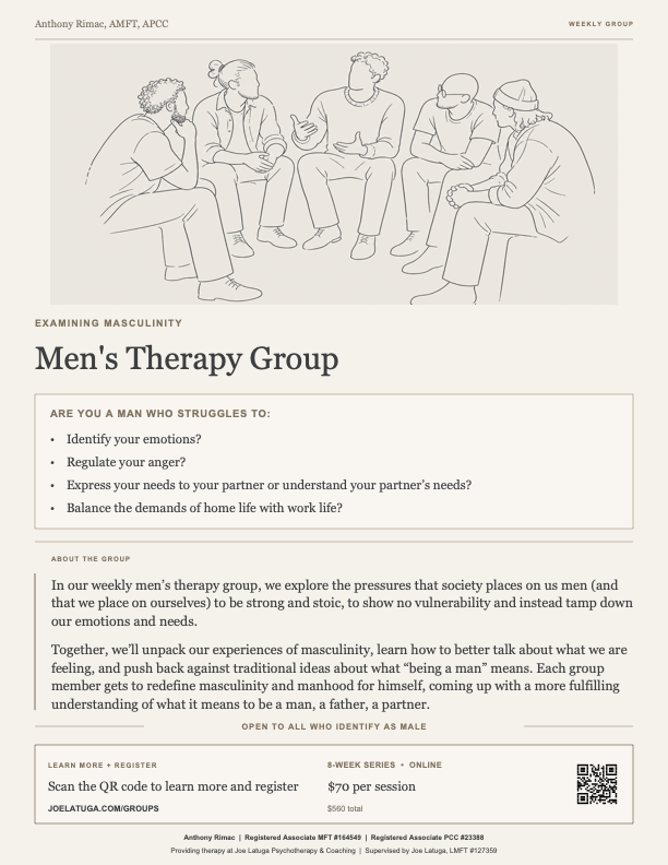 A digital poster for a Men's Support Group and a Therapy Group. It provides details about the groups, facilitated by Anthony Rimac AMFT/APCC, including virtual weekly therapy sessions at $70 per session, with sliding scale options. A QR code and a UR