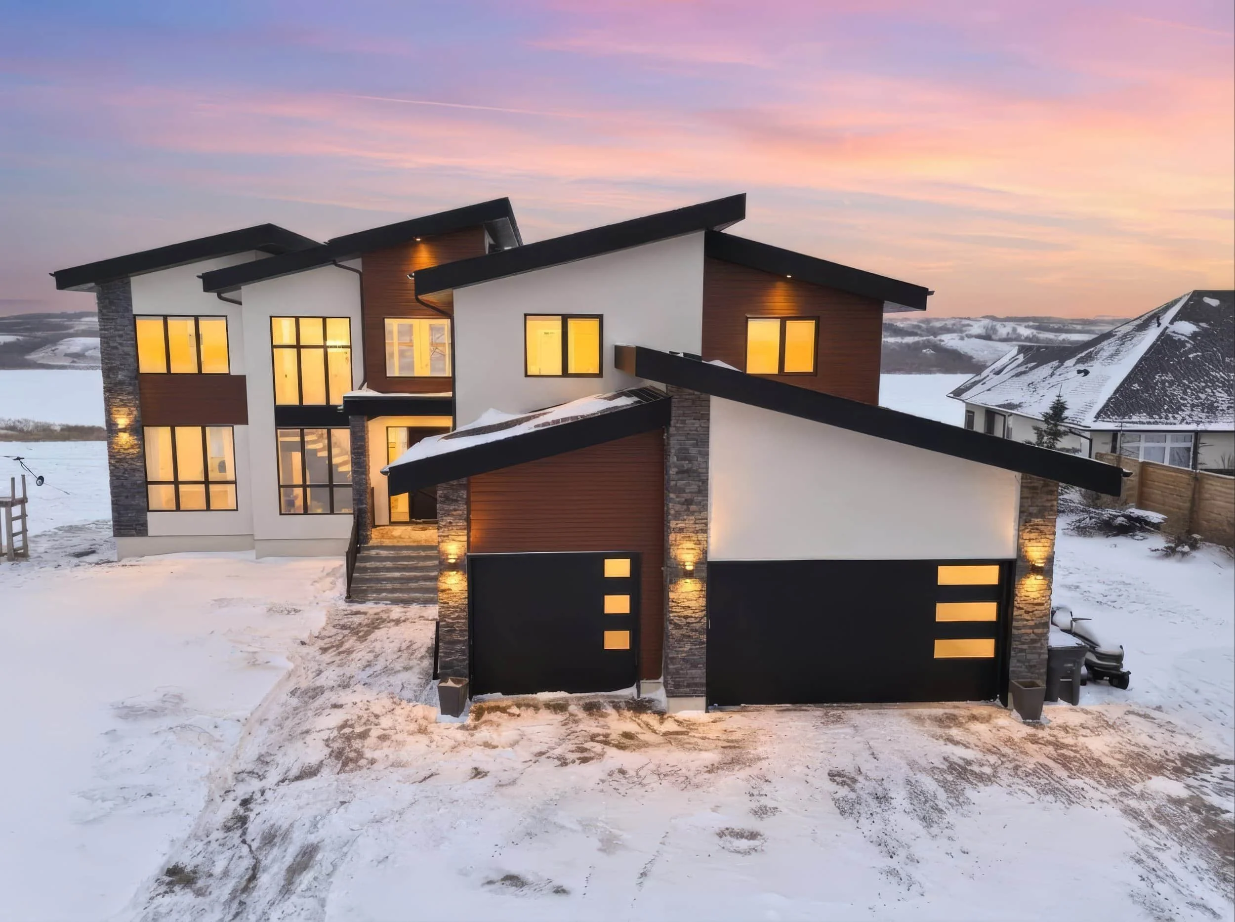Modern house with large windows and two garages, beautifully showcased in virtual twilight photography amid a snowy winter landscape.
