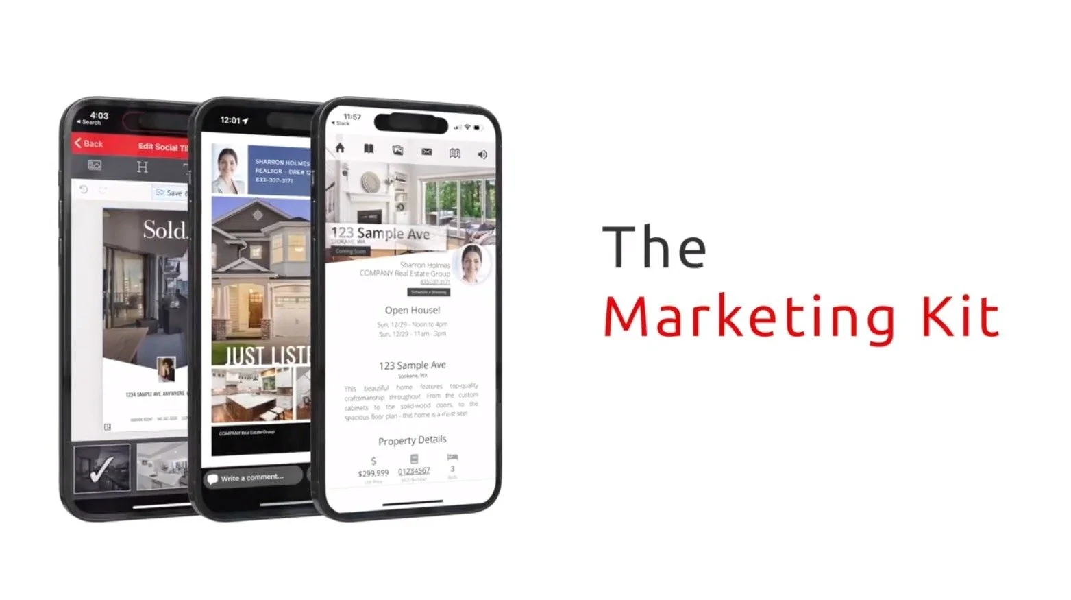Three smartphones display real estate marketing kit apps; text reads The Marketing Kit on a white background.