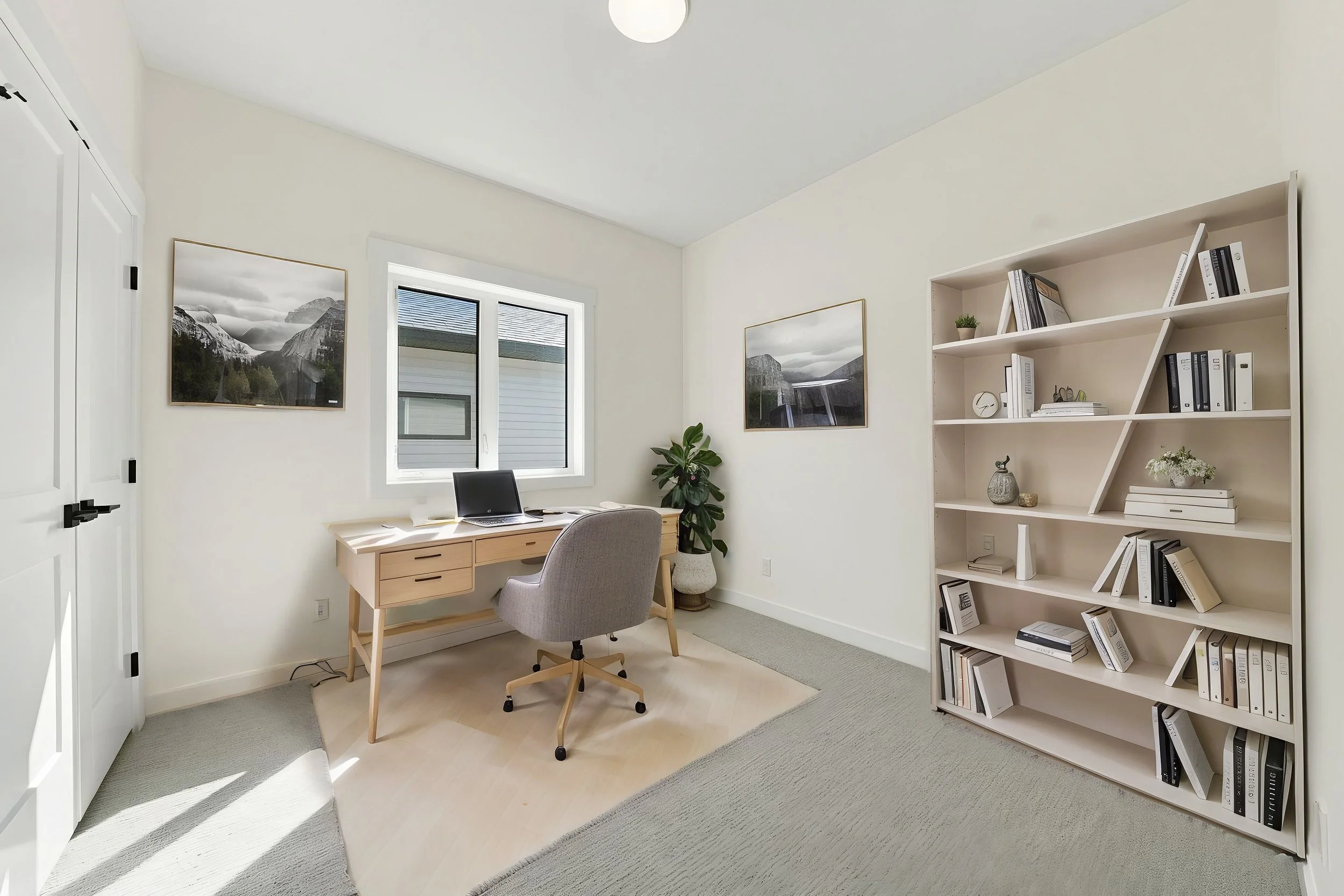 Virtual staging transforms an empty bedroom into a functional modern home office