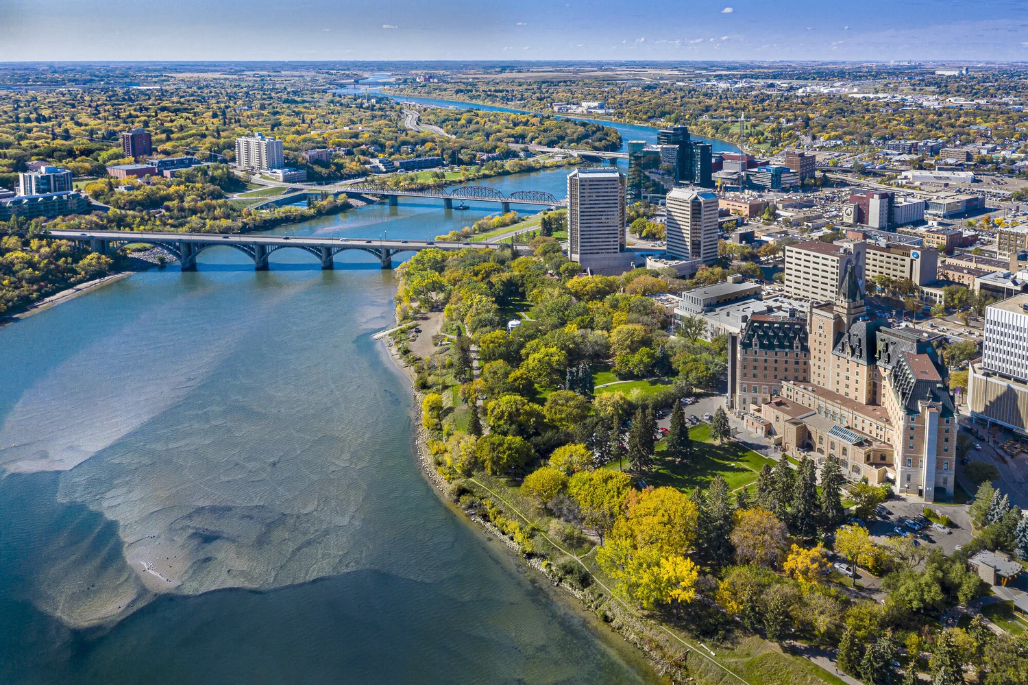 Aerial view of Saskatoon and the South Saskatchewan River