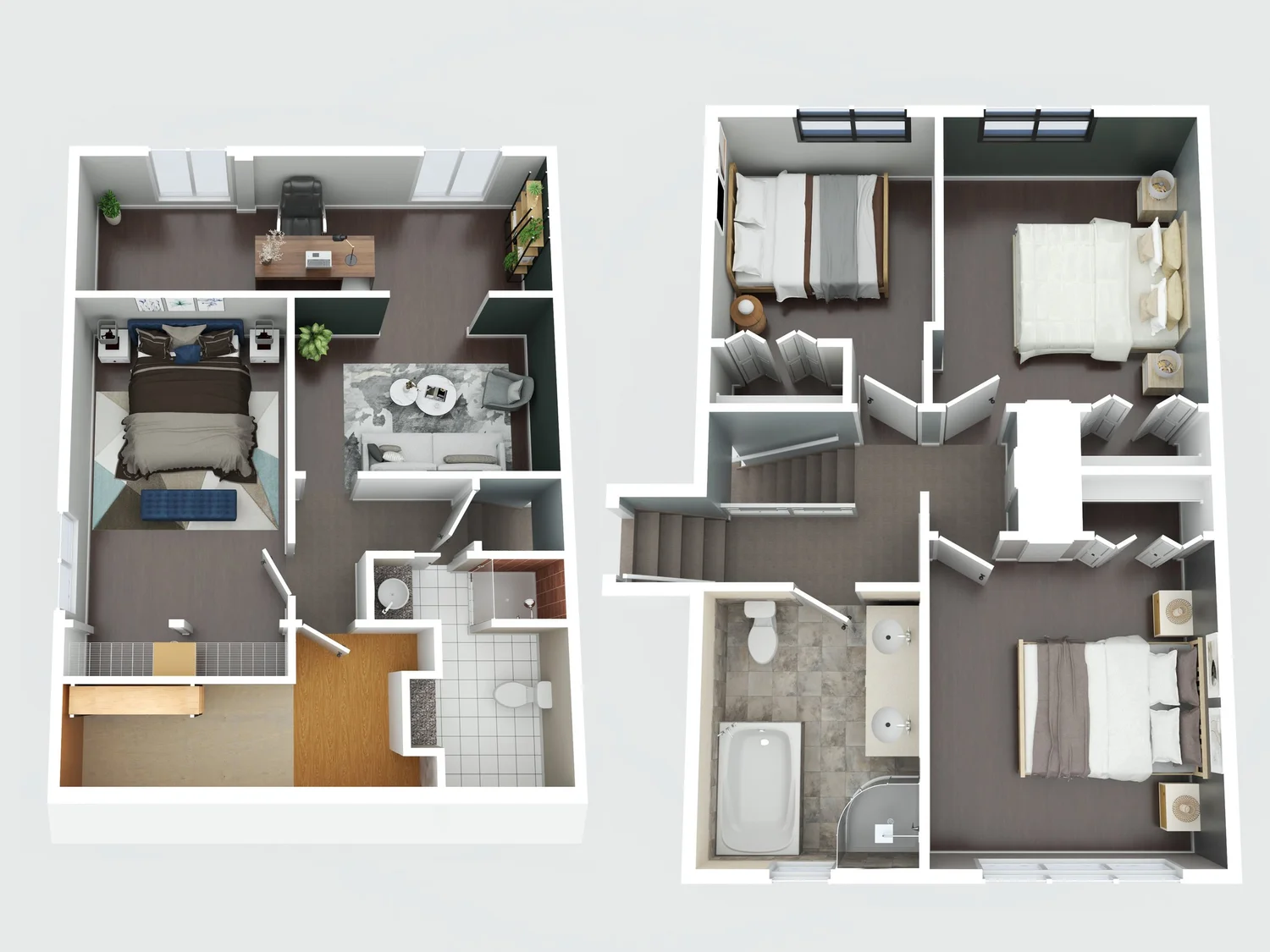 Furnished 3D floor plan showing room layout, furniture placement, flooring and spatial relationships