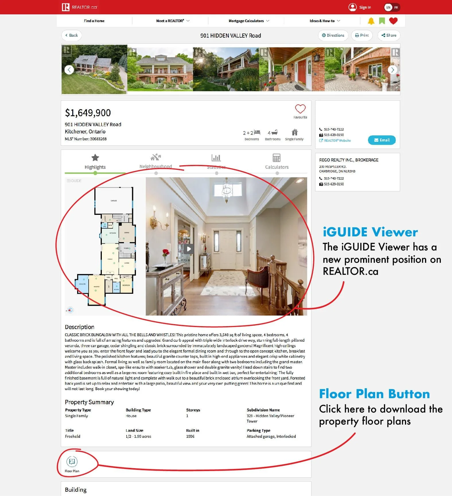 Screenshot of a real estate listing page showing virtual tours in the iGUIDE Viewer and floor plan download button, both circled in red.