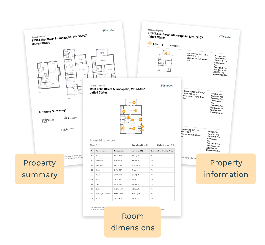 Collection of property reports with floor plans, room dimensions and property summary information