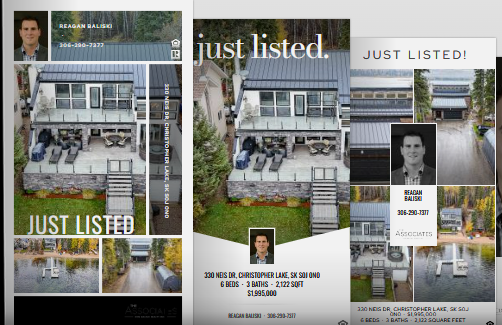 A modern lakeside house with large windows and a dock, showcased in real estate marketing graphics, Just Listed with agent contact info.