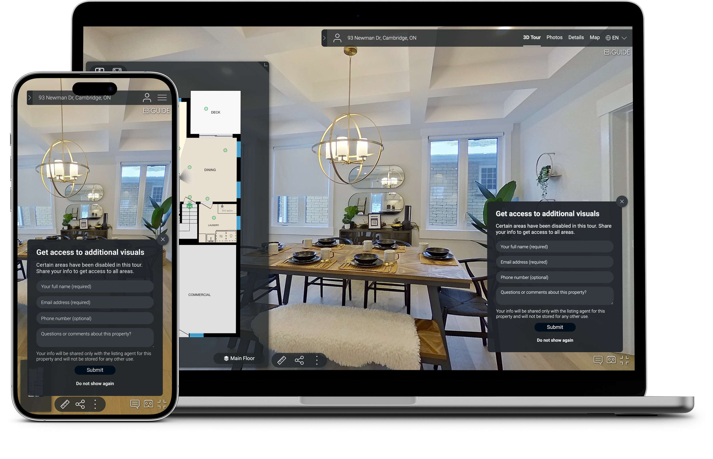 A laptop and smartphone showcase virtual tours of a dining room, featuring a pop-up form for access to more visuals.