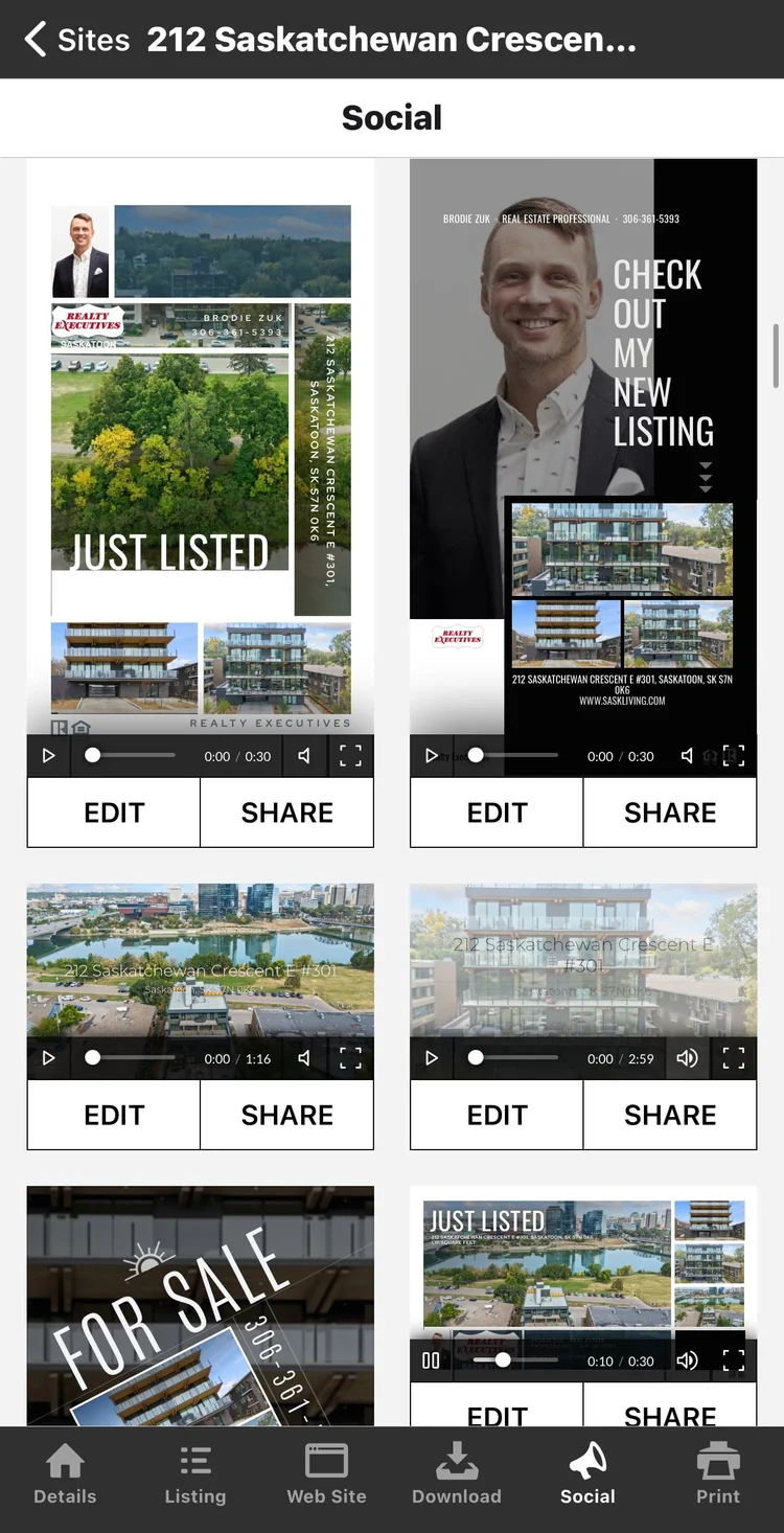 Scott Prokop Photography app screen showing listing marketing and delivery materials