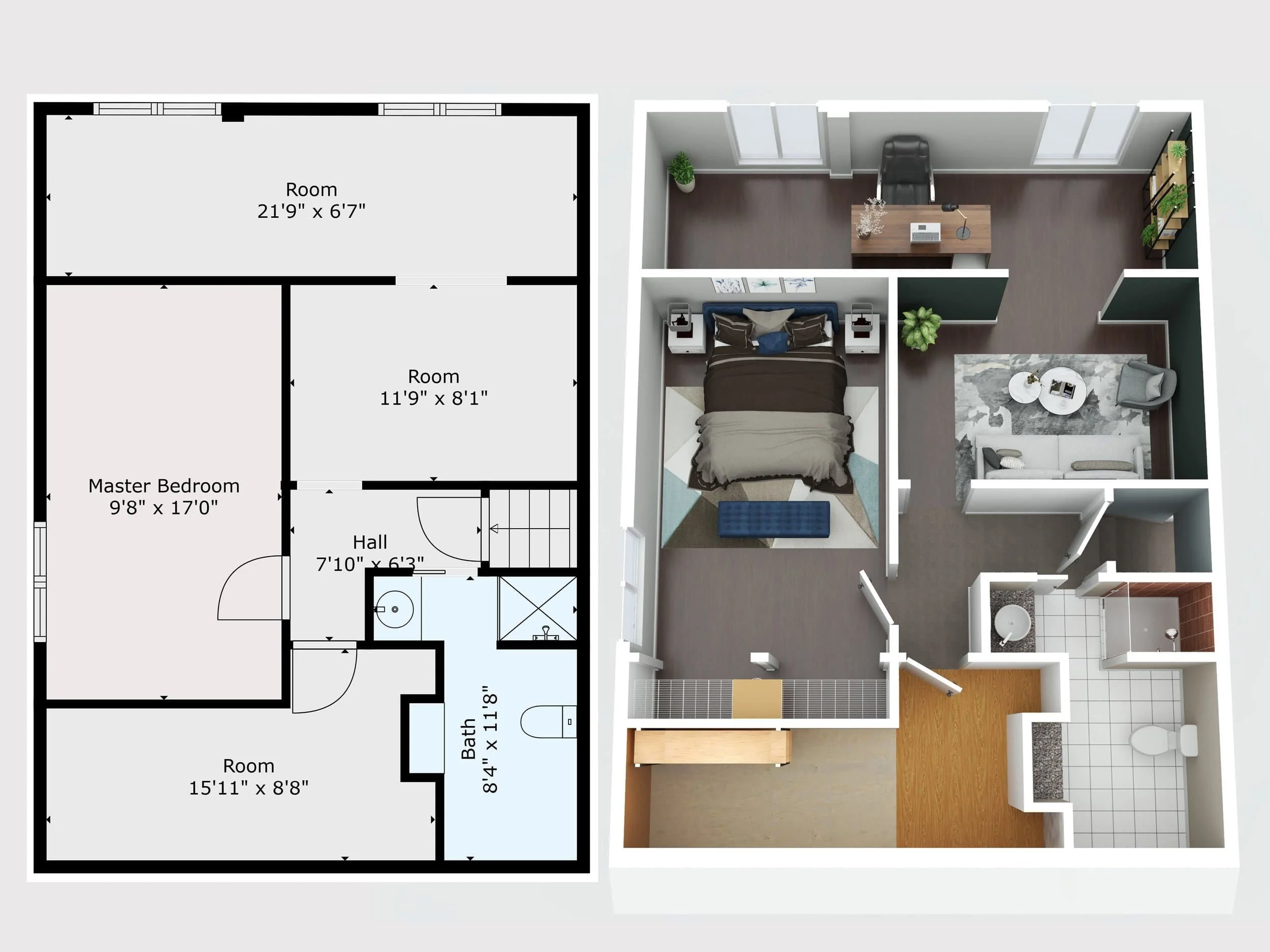 Side-by-side 2d & 3d floor plans display a master bedroom, office, hall, bath, and extra room with measurements.