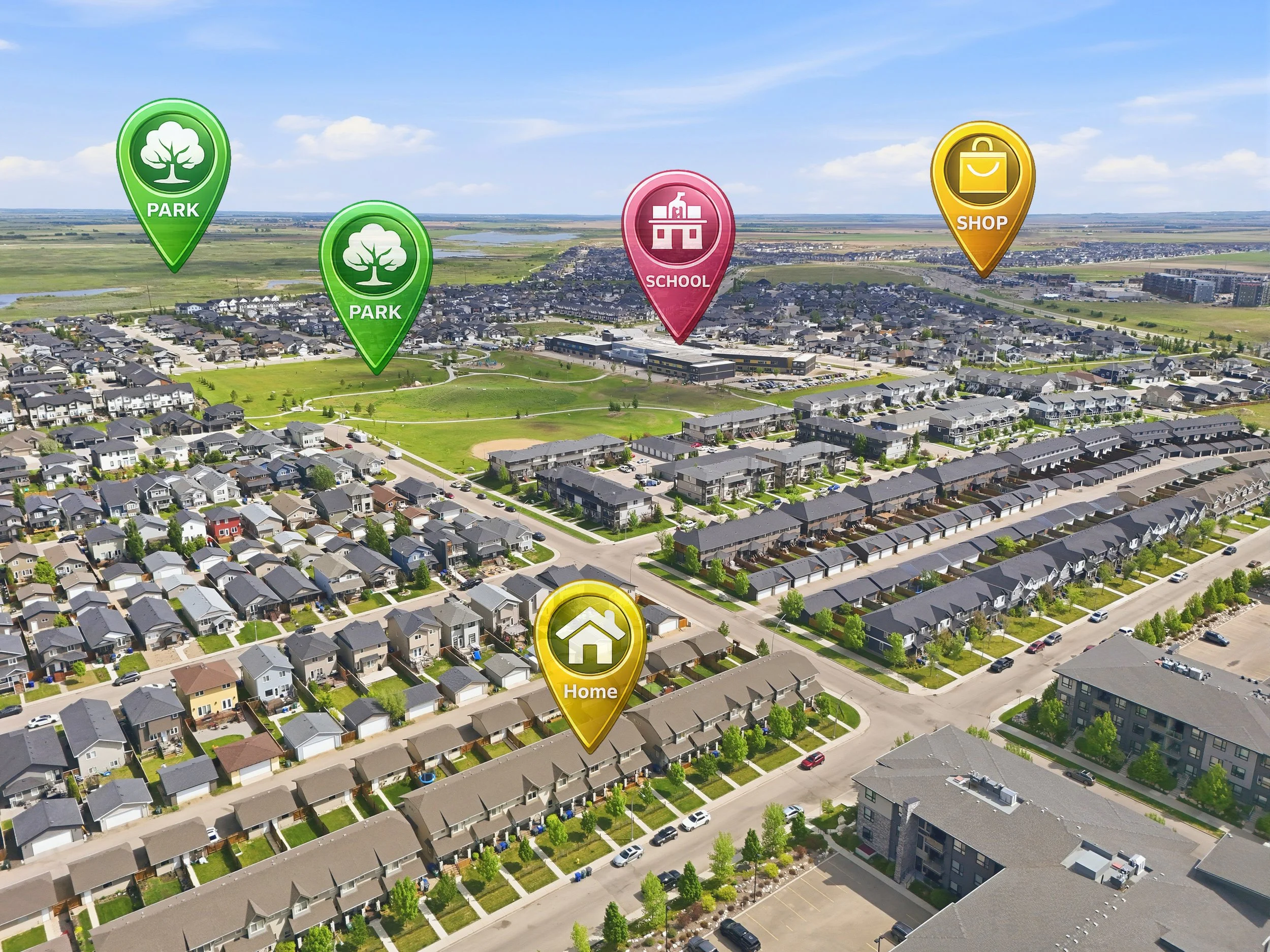 Real estate drone photography in Saskatoon showing an aerial neighbourhood view with property location, nearby parks, school, and local amenities.