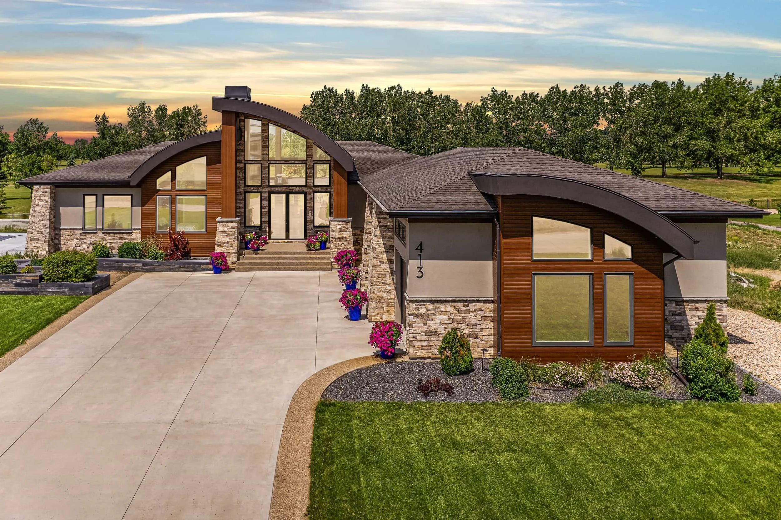 Luxury home exterior with the virtual twilight exterior transformation