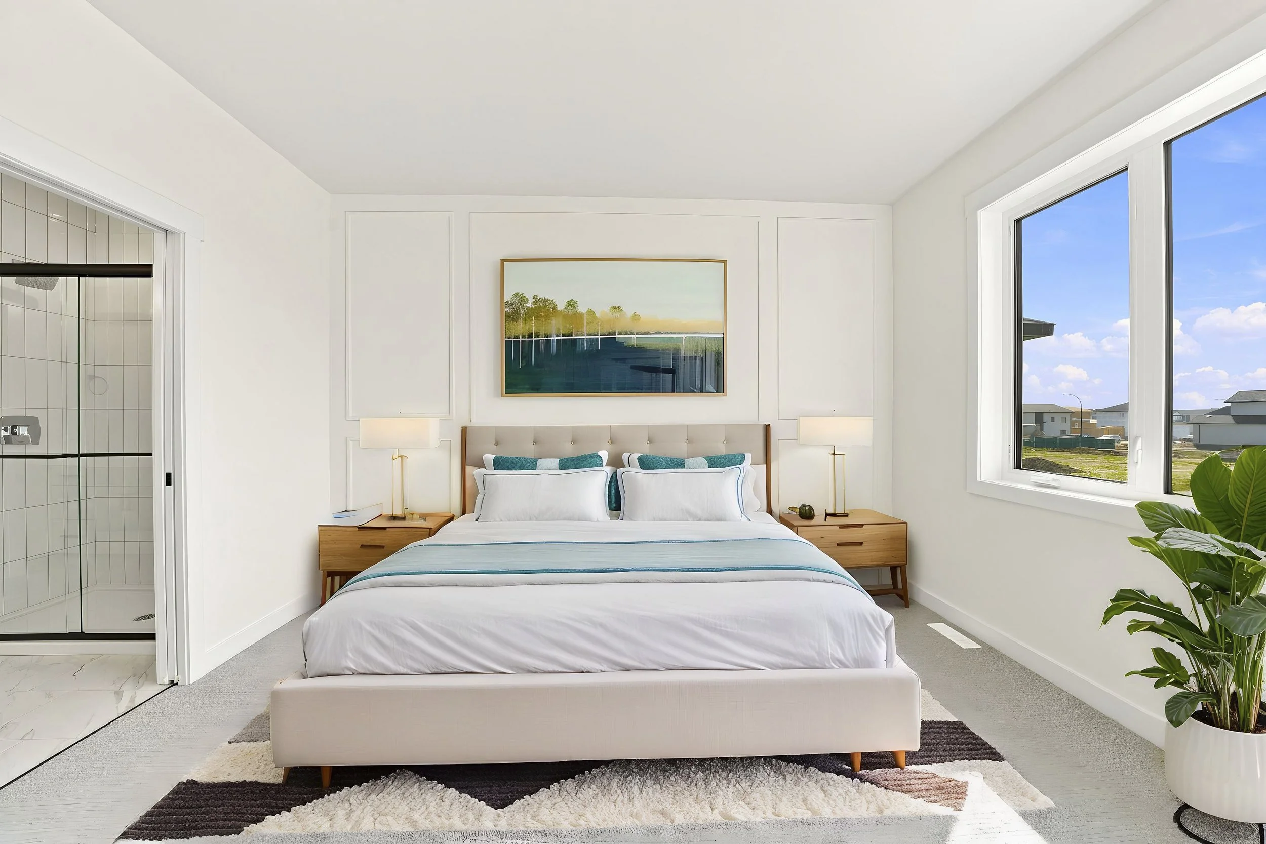 Virtually staged primary bedroom with modern bed, nightstands and artwork