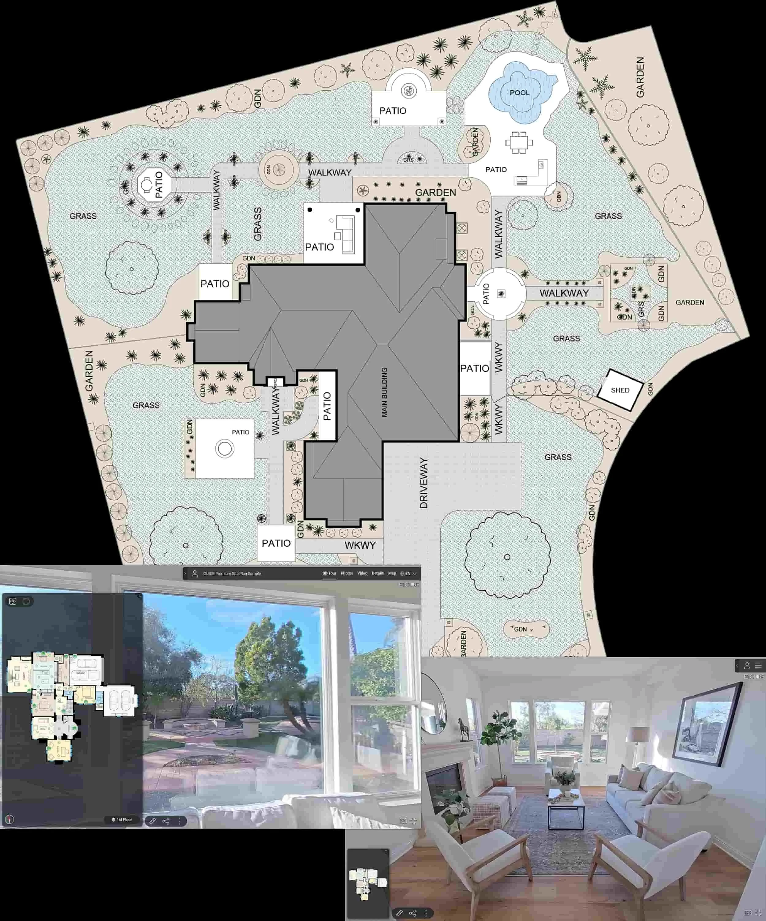 iGUIDE site plan example showing home footprint, driveway, and yard layout for a Saskatoon property