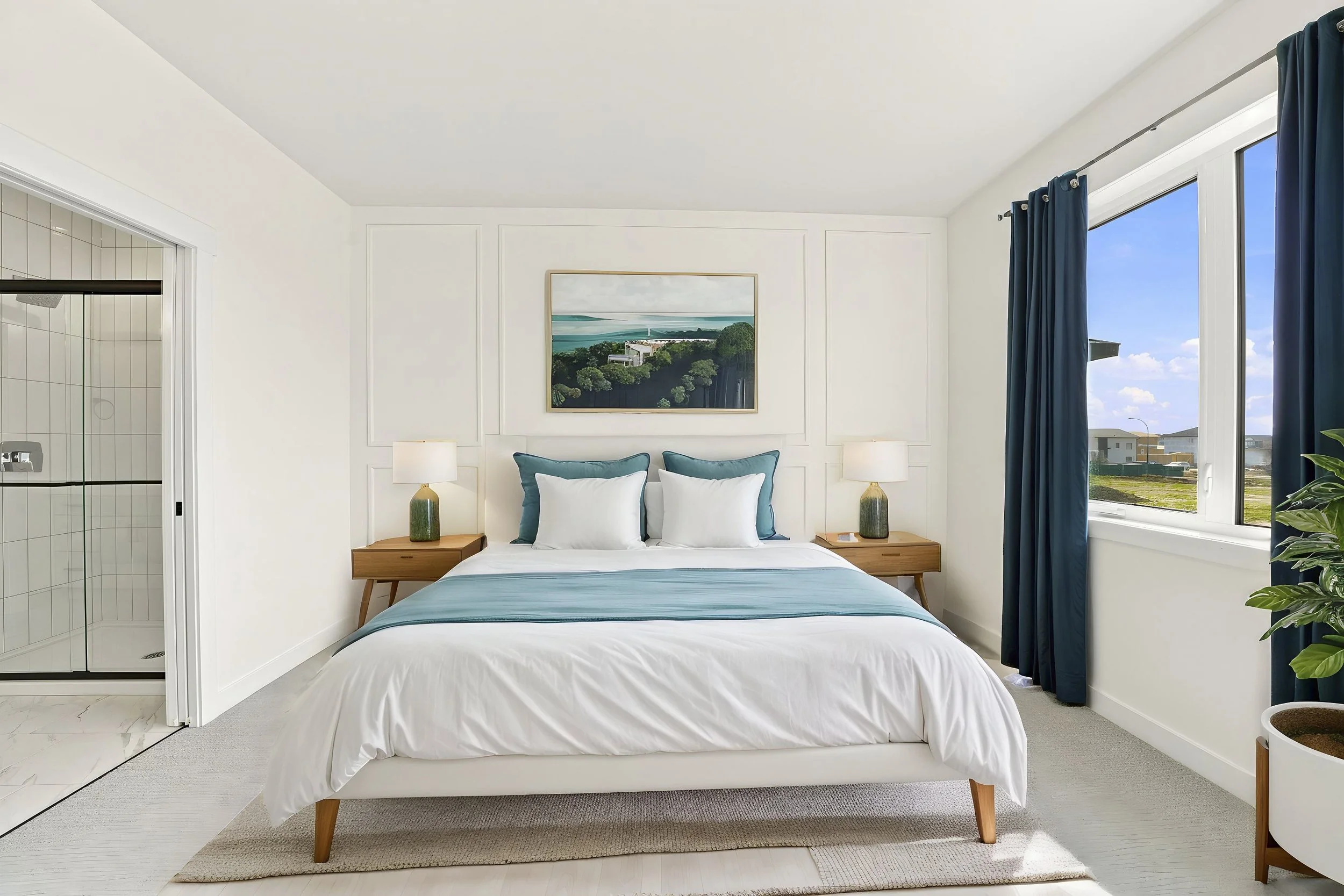 Virtual staging example of a primary bedroom with contemporary furniture and blue accents