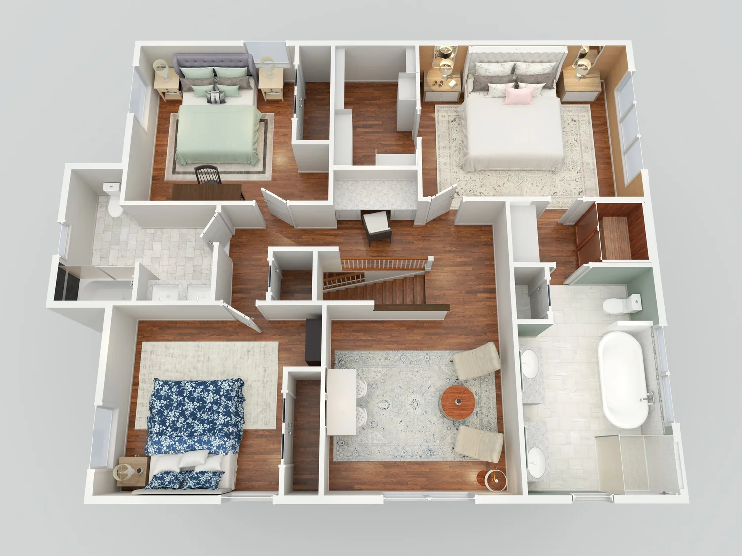 Realistic furnished 3D floor plan demonstrating room scale and potential furniture arrangement