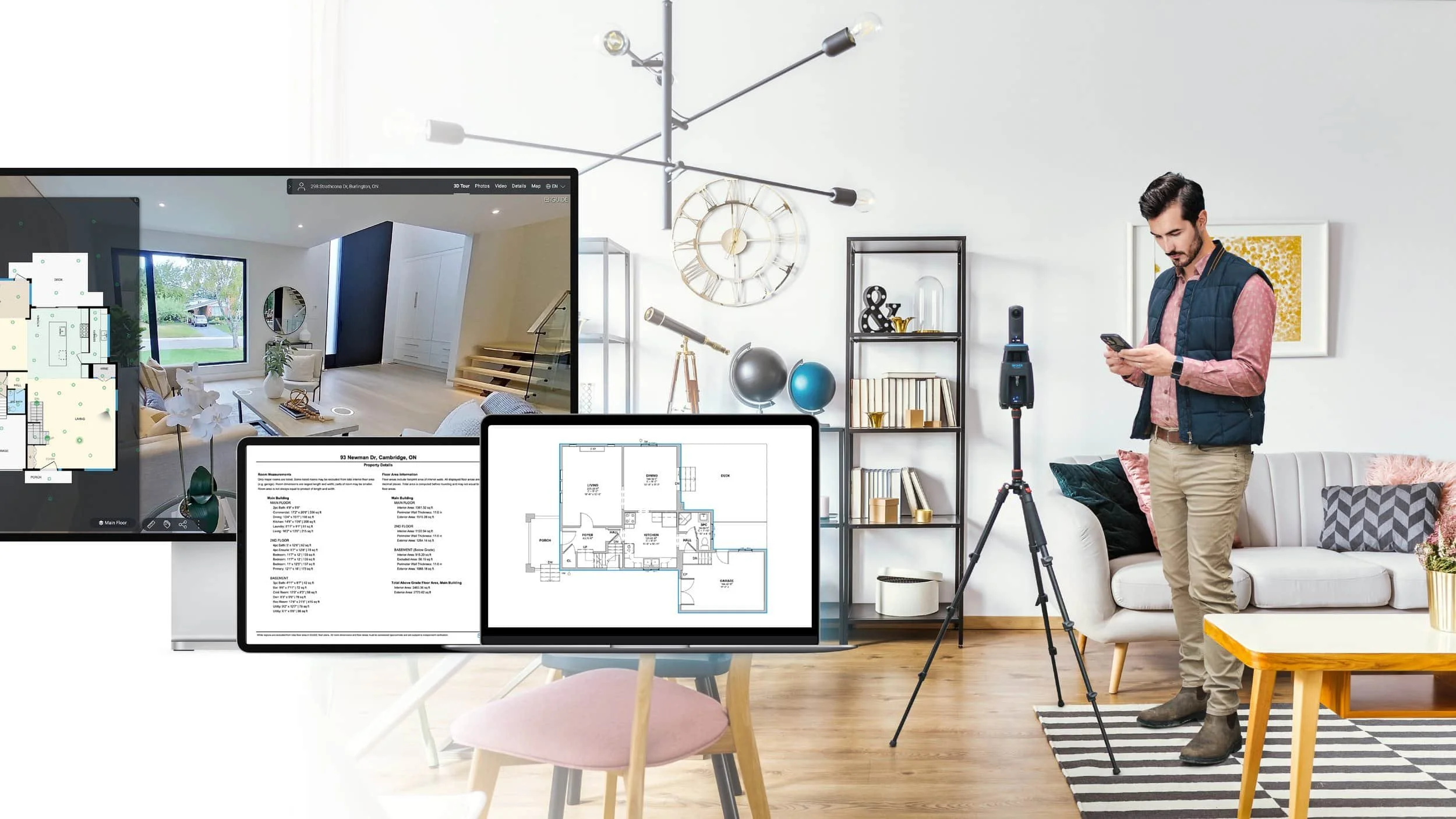 A man uses a phone and 3D scanner in a modern living room; floor plans and virtual tours are displayed on screens.