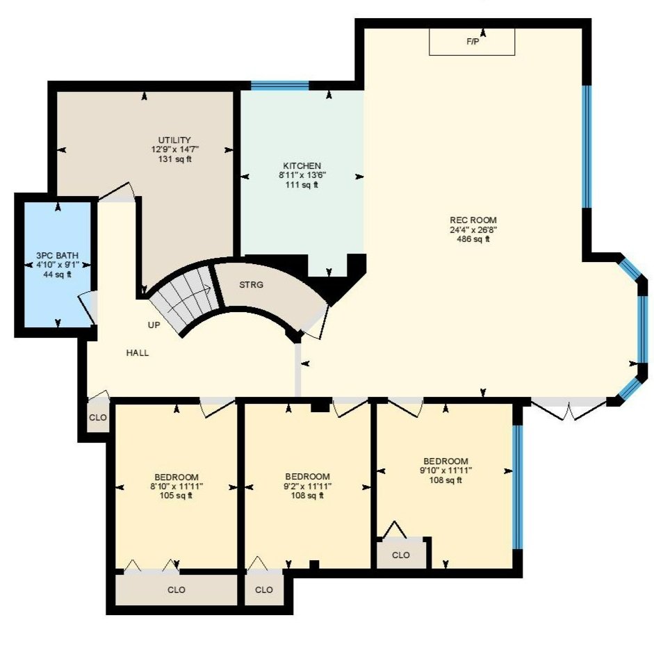Detailed 2D floor plan with room labels, dimensions, doors, windows and furnished fixed features