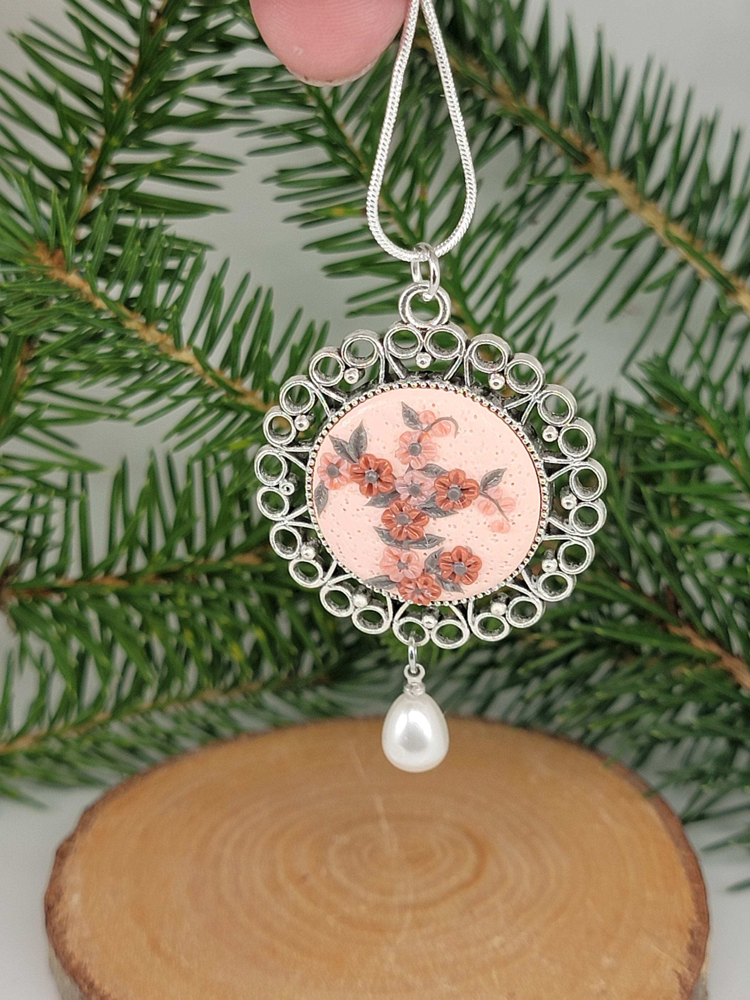 Handmade Floral Polymer Clay Pendant Necklace with Pearl Drop