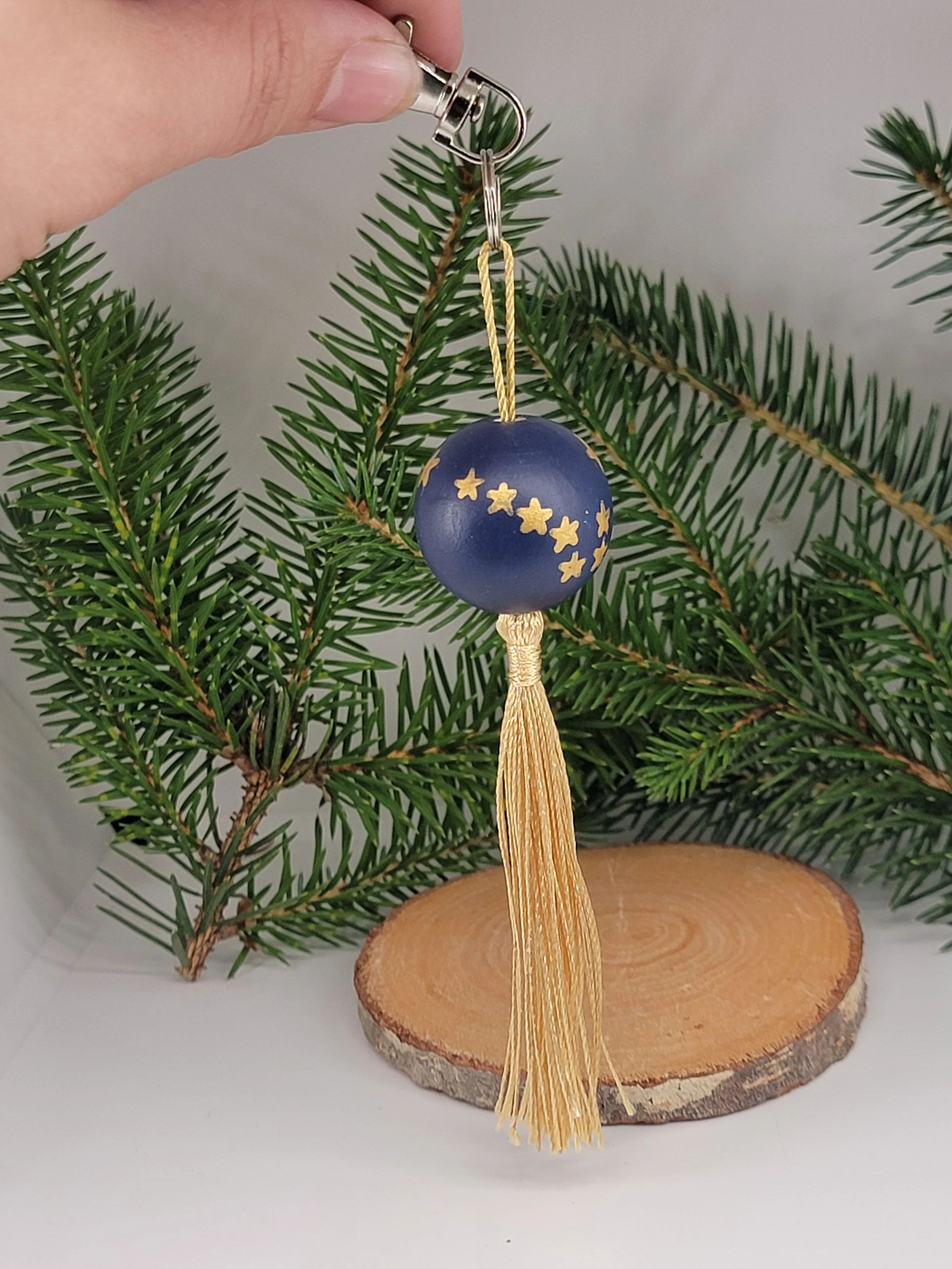 Hand-Painted Alaska Flag Wood Bead Keychain with Gold Tassel