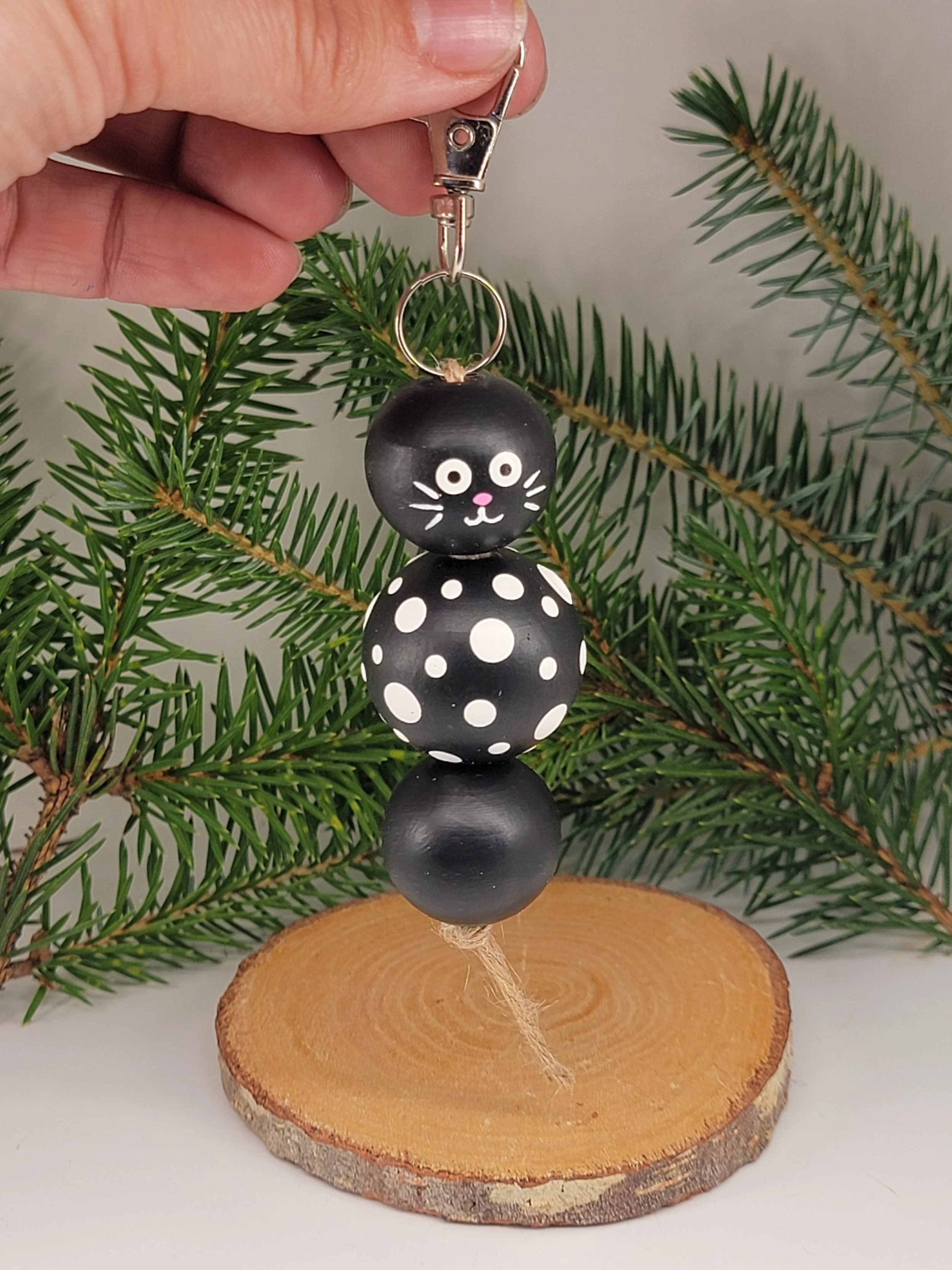 Whisker Dots – Hand-Painted Black Cat Wood Bead Keychain