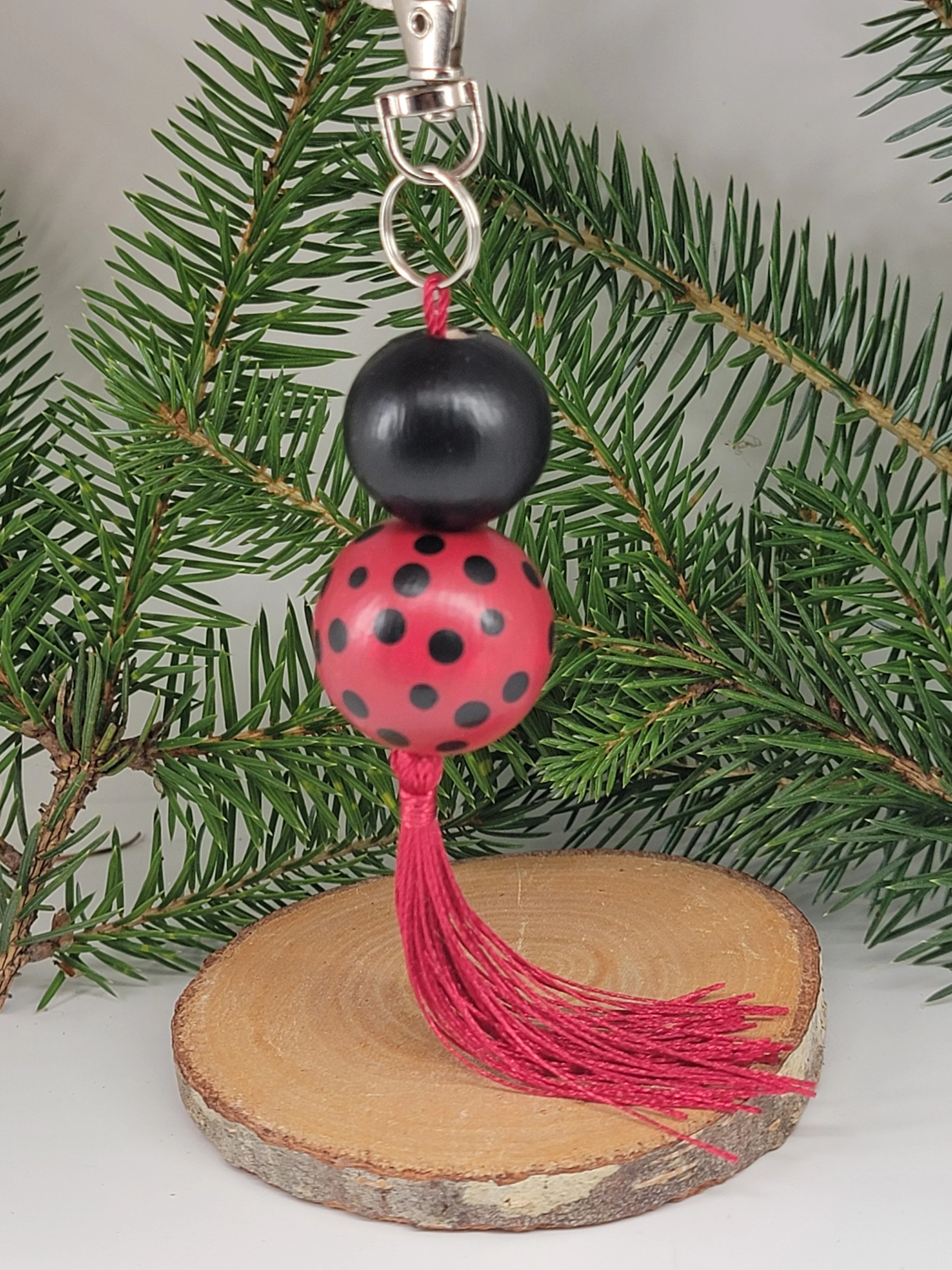 Hand-Painted Red & Black Polka Dot Wood Bead Keychain with Tassel