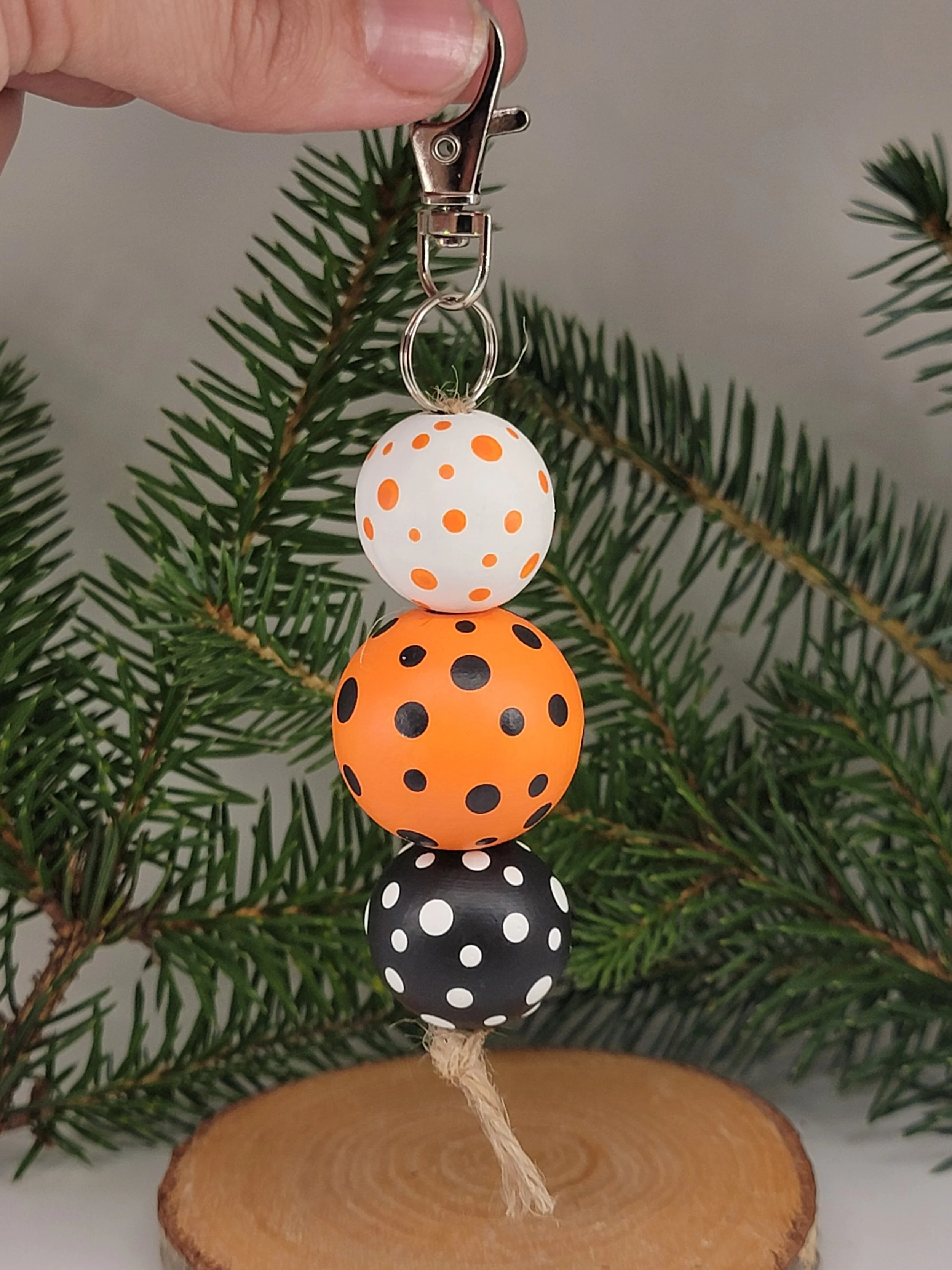 Halloween Keychain – Hand Painted Orange Black & White Polka Dot Wooden Bead Keychain
