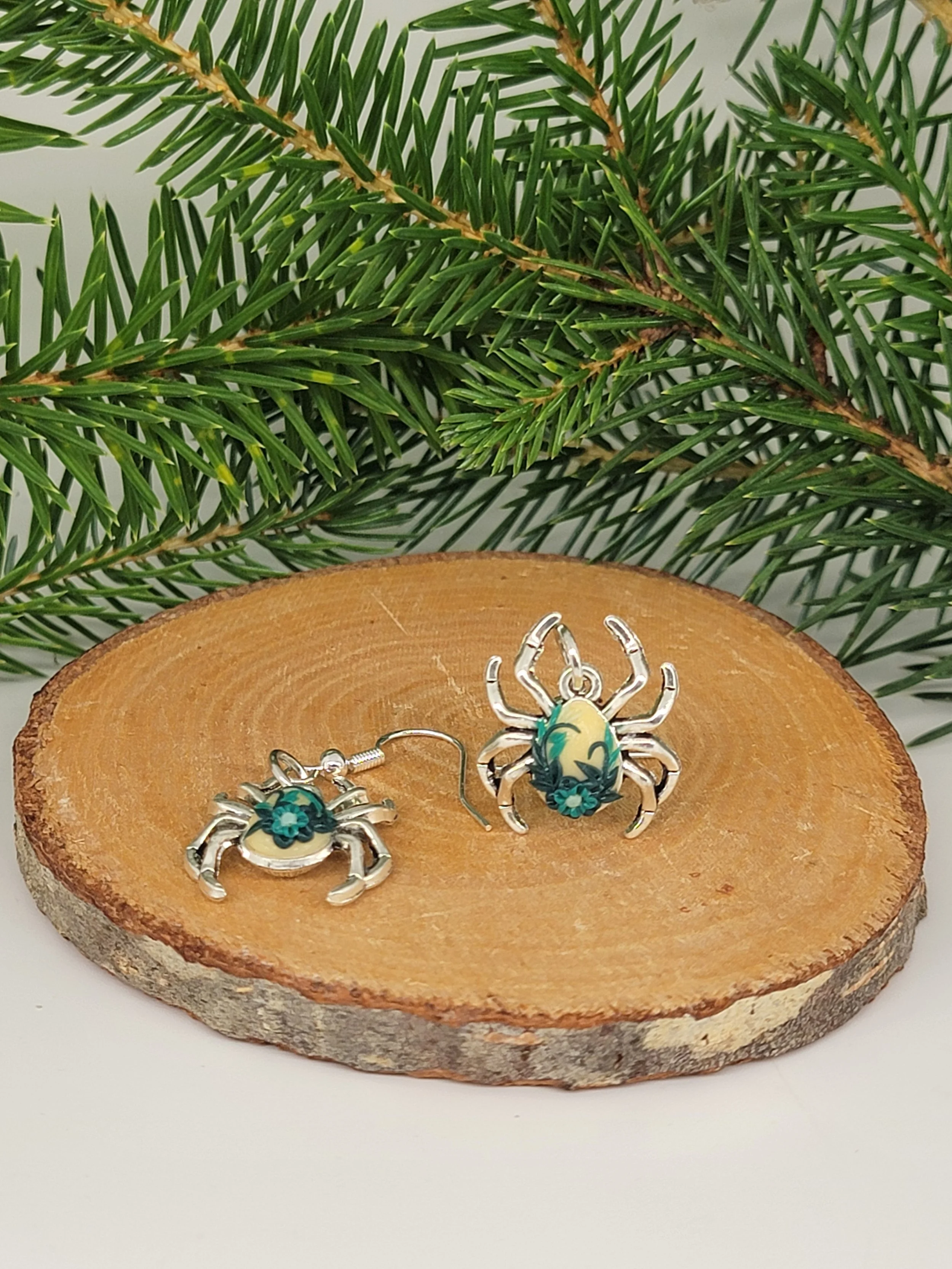 Teal Floral Spider Earrings – Polymer Clay & Silver-Tone Dangle Earrings