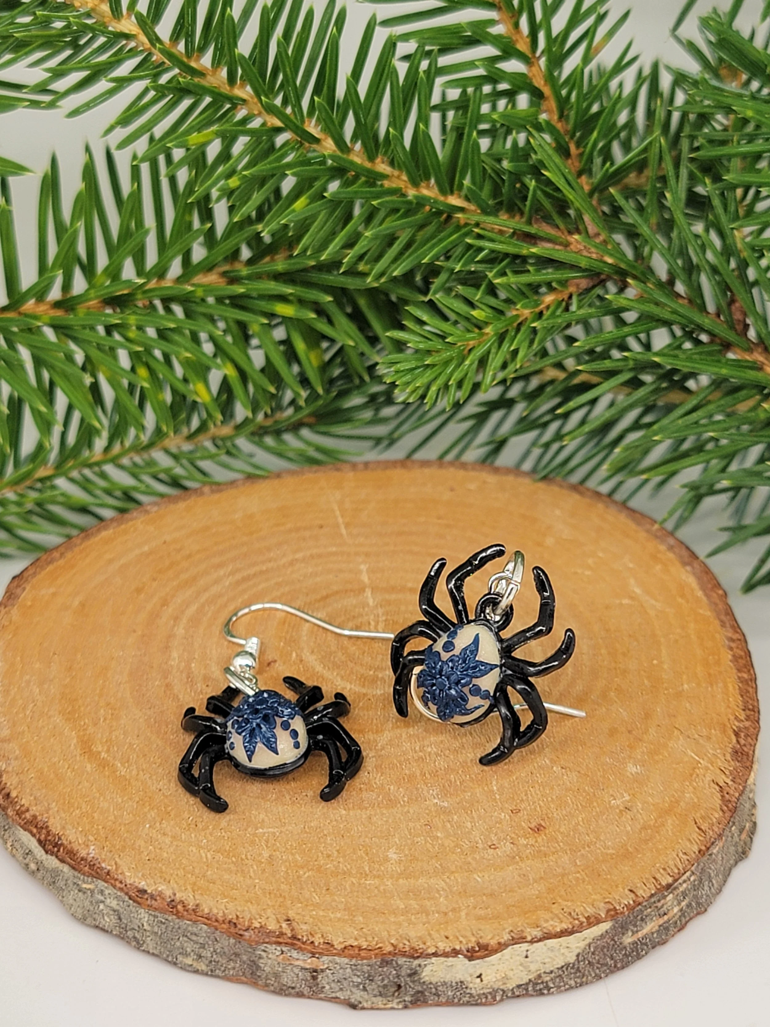 Navy Floral Spider Earrings – Polymer Clay & Black Metal Dangle Earrings