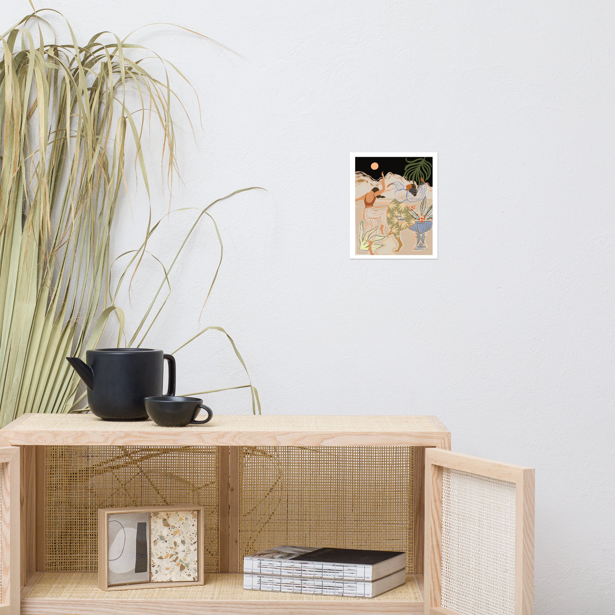 Dance Under the Moonlight’ art print by Arty Guava, featuring two women dancing freely under the glowing moon amidst tropical decor. Perfect for colorful wall art and modern bohemian spaces.