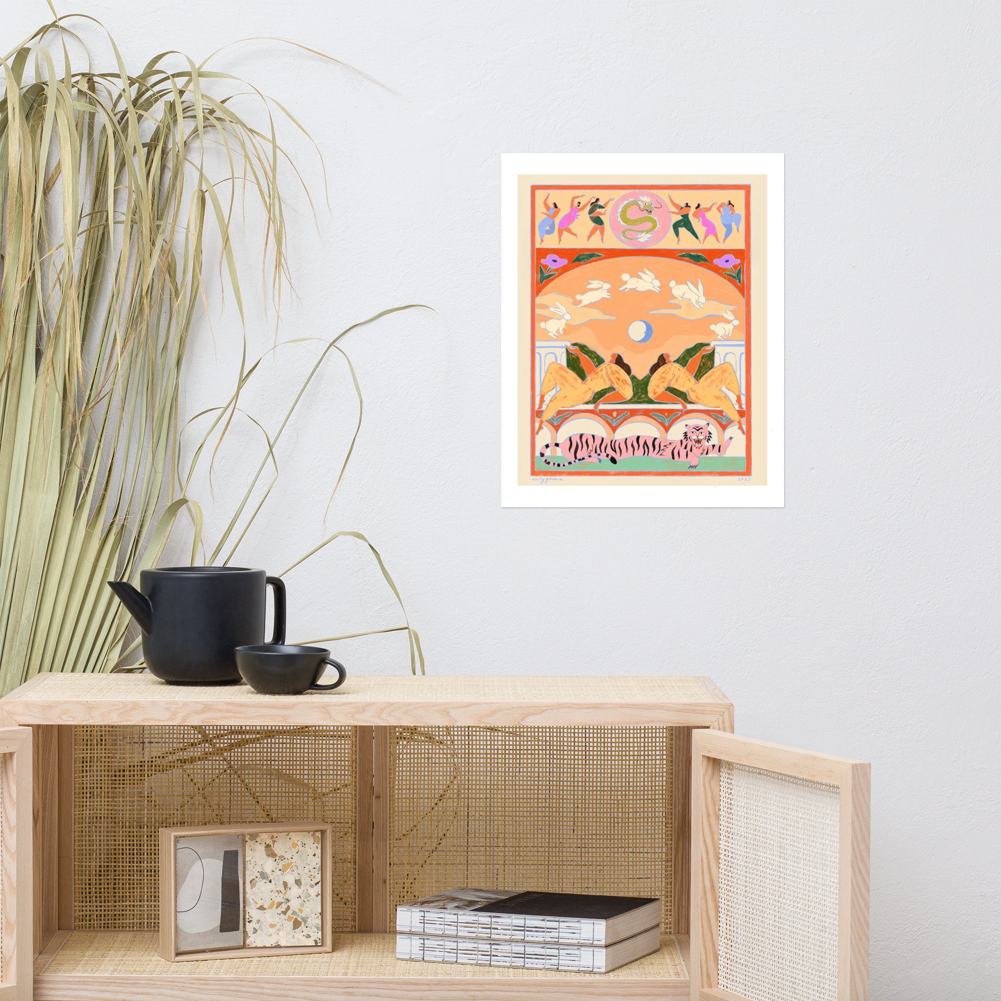 Arty Guava art print featuring vibrant zodiac-inspired design with the Rabbit, Tiger, and Dragon. Ideal for contemporary home decor or Lunar New Year celebrations.